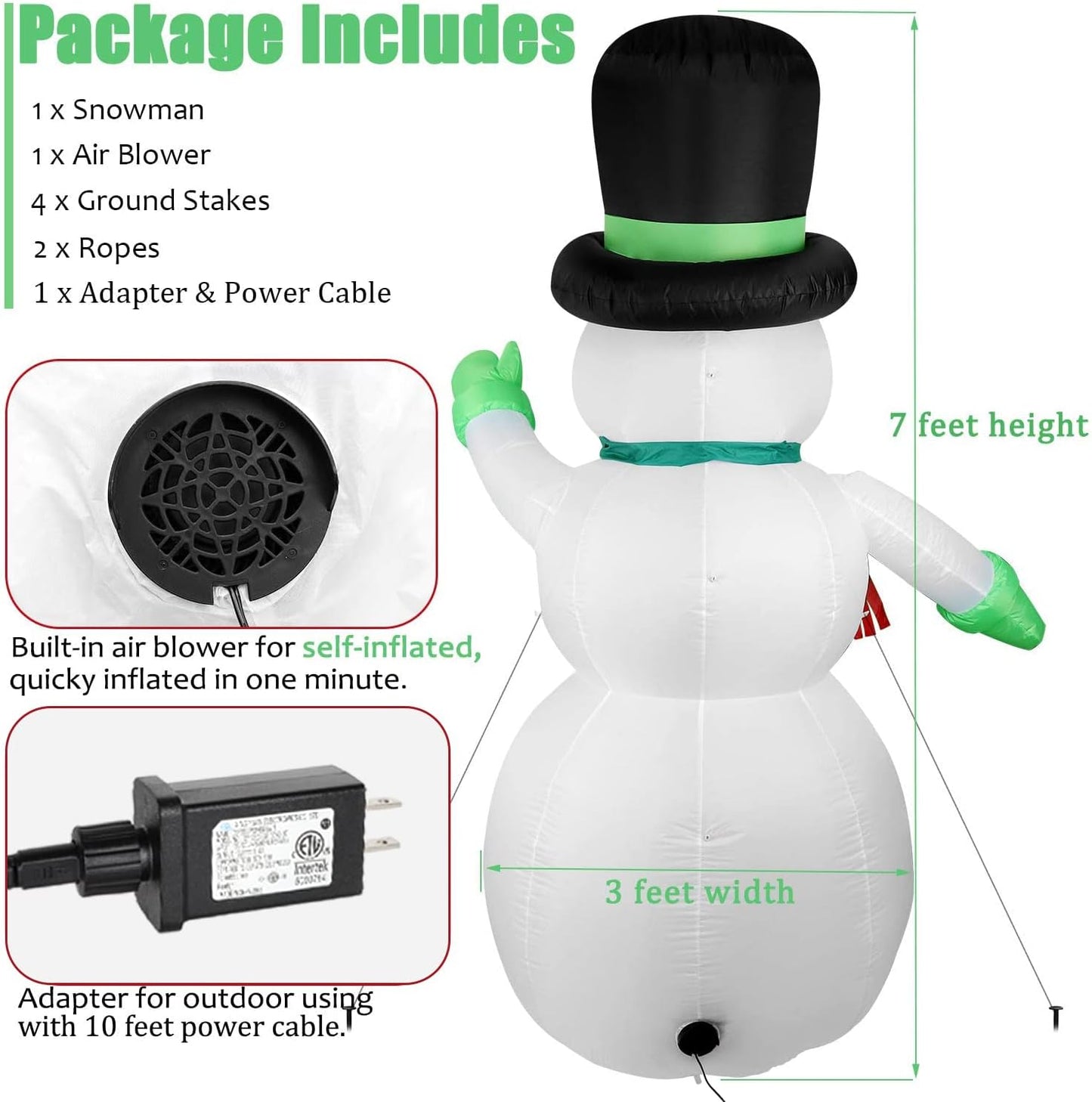 7 FT Christmas Inflatables Snowman Outdoor Yard Decorations, Christmas Blow up Snow Man with LED Lights & Black Hat, Winter Outside Decor for Holiday Party Patio Garden Lawn, Xmas New Year Kids Gifts