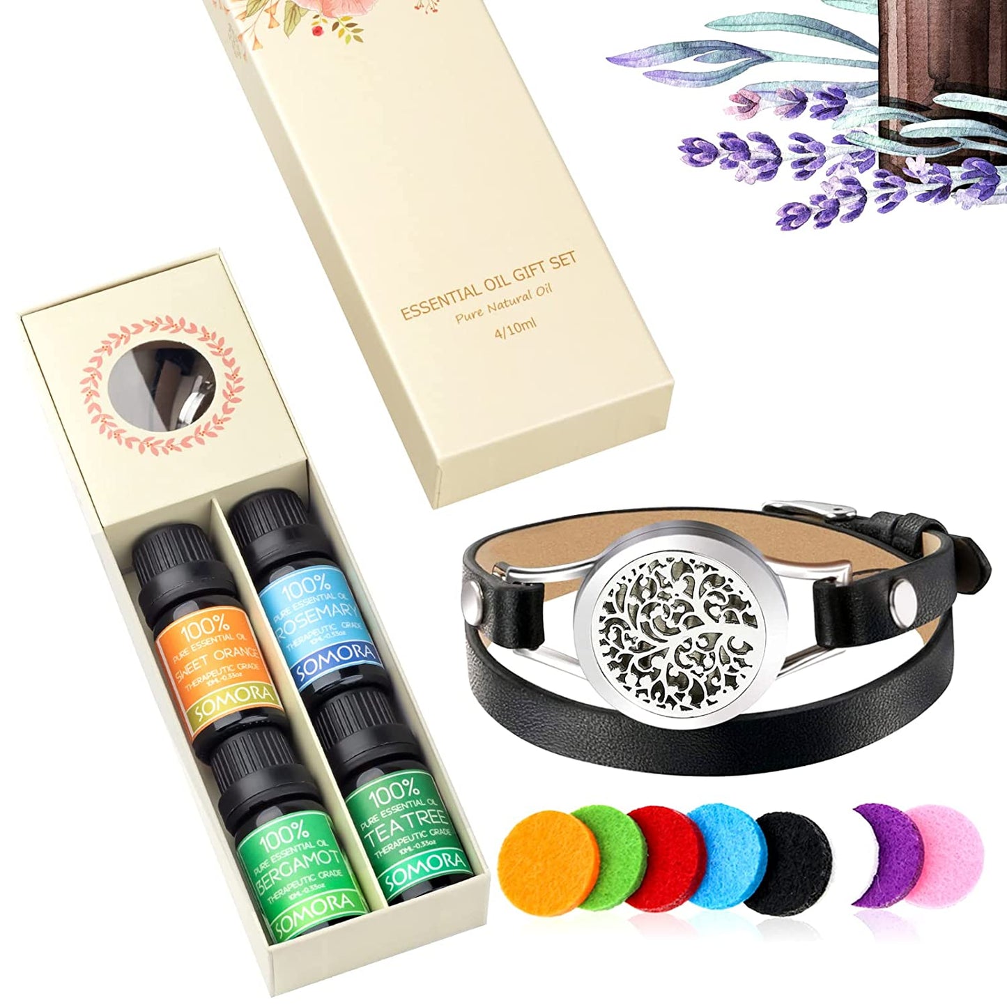 Aromatherapy Essential Oil Diffuser Black Bracelet Gift Set w/ Oils