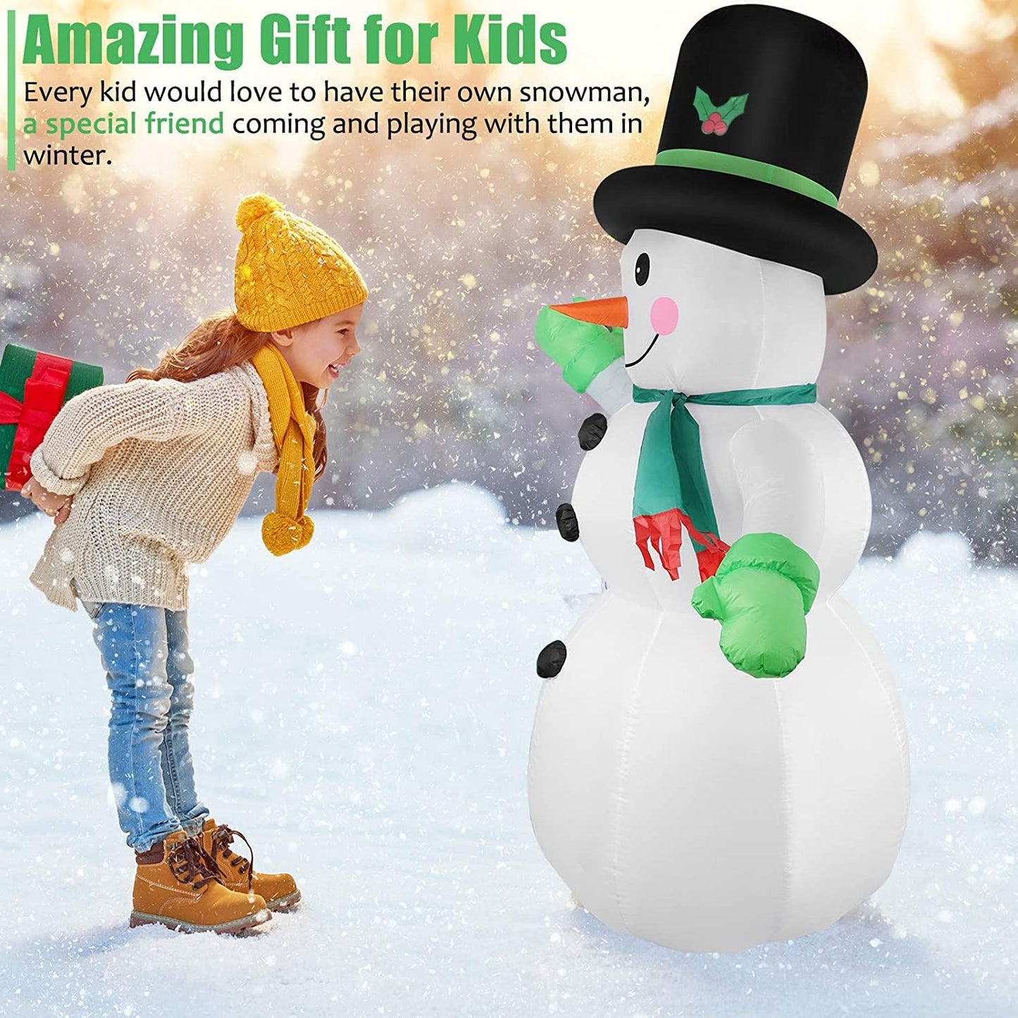 7 FT Christmas Inflatables Snowman Outdoor Yard Decorations, Christmas Blow up Snow Man with LED Lights & Black Hat, Winter Outside Decor for Holiday Party Patio Garden Lawn, Xmas New Year Kids Gifts