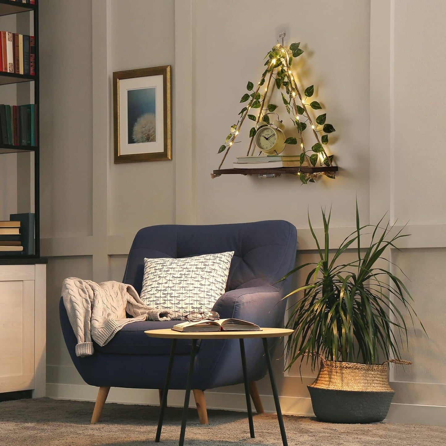 Floating Shelves,Bedroom Wall Decor,Macrame Shelf,No Drilling Installation,Decorative Leaves and Light Strip,Set of 2 Plant Shelf Wall,Christmas for Decorating Room.(Green Leaf)