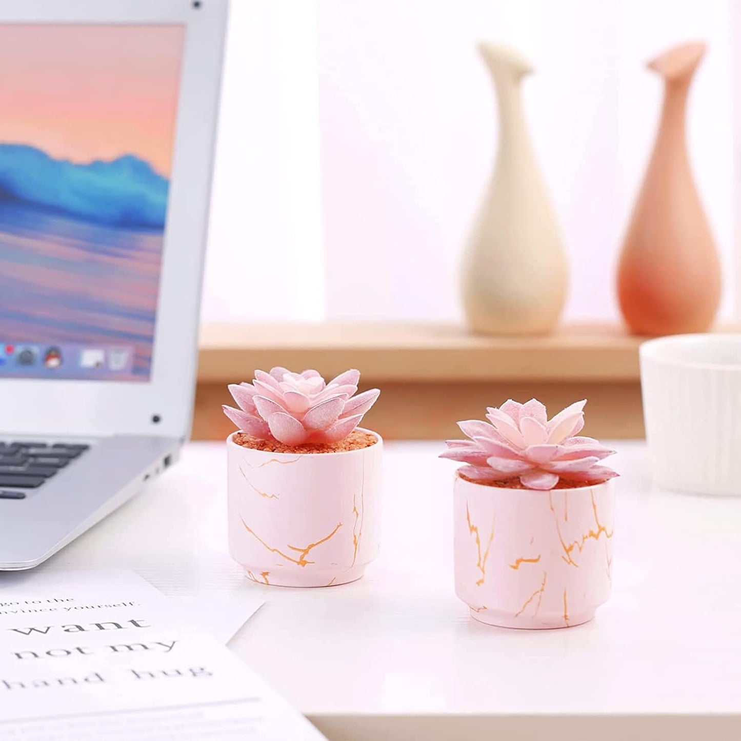 Succulent Artificial Plants,Cute Fake Succulents in 2 Pink Ceramic Pots,Small Fake Plants for Office,Table,Desk,Bathroom, Bedroom,Aesthetic Room Shelves Decor,Desk Decorations for Women Office