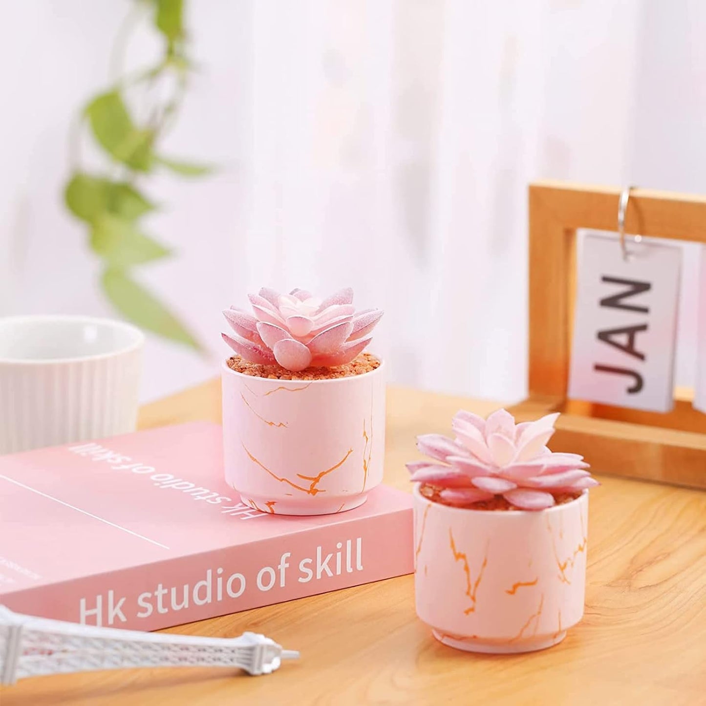 Succulent Artificial Plants,Cute Fake Succulents in 2 Pink Ceramic Pots,Small Fake Plants for Office,Table,Desk,Bathroom, Bedroom,Aesthetic Room Shelves Decor,Desk Decorations for Women Office