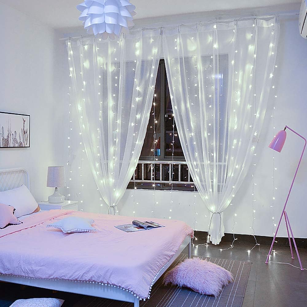 String Lights Curtain,USB Powered Fairy Lights for Bedroom Wall Party,8 Modes & IP64 Waterproof Ideal for Outdoor Wedding Decor (White,7.9Ft x 5.9Ft)