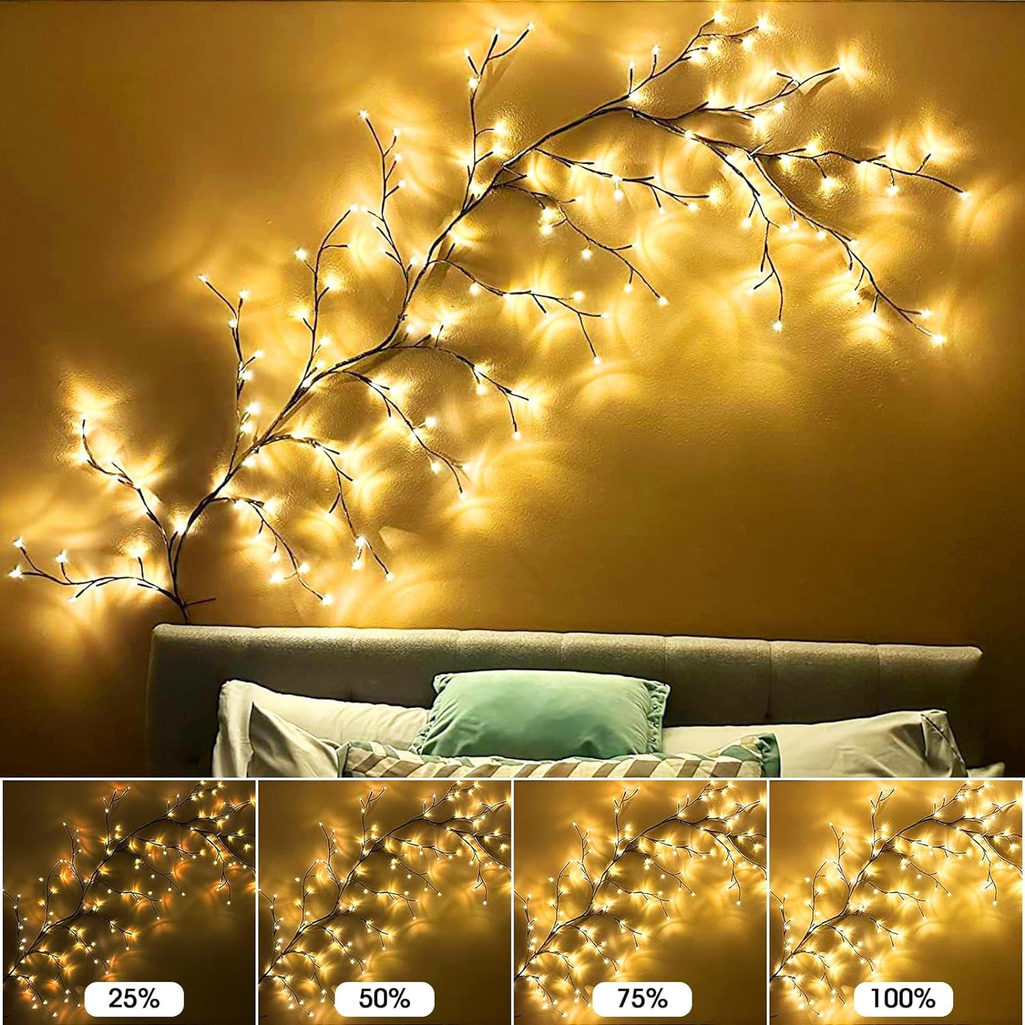 Willow Vine Lights Room Decor: 7.5Ft Christmas Decorations Flexible Enchanted Fairy Lights with Remote Control, 144 LEDs Twinkle Tree Lighted Branches for Wall Bedroom Home (1 Pack)