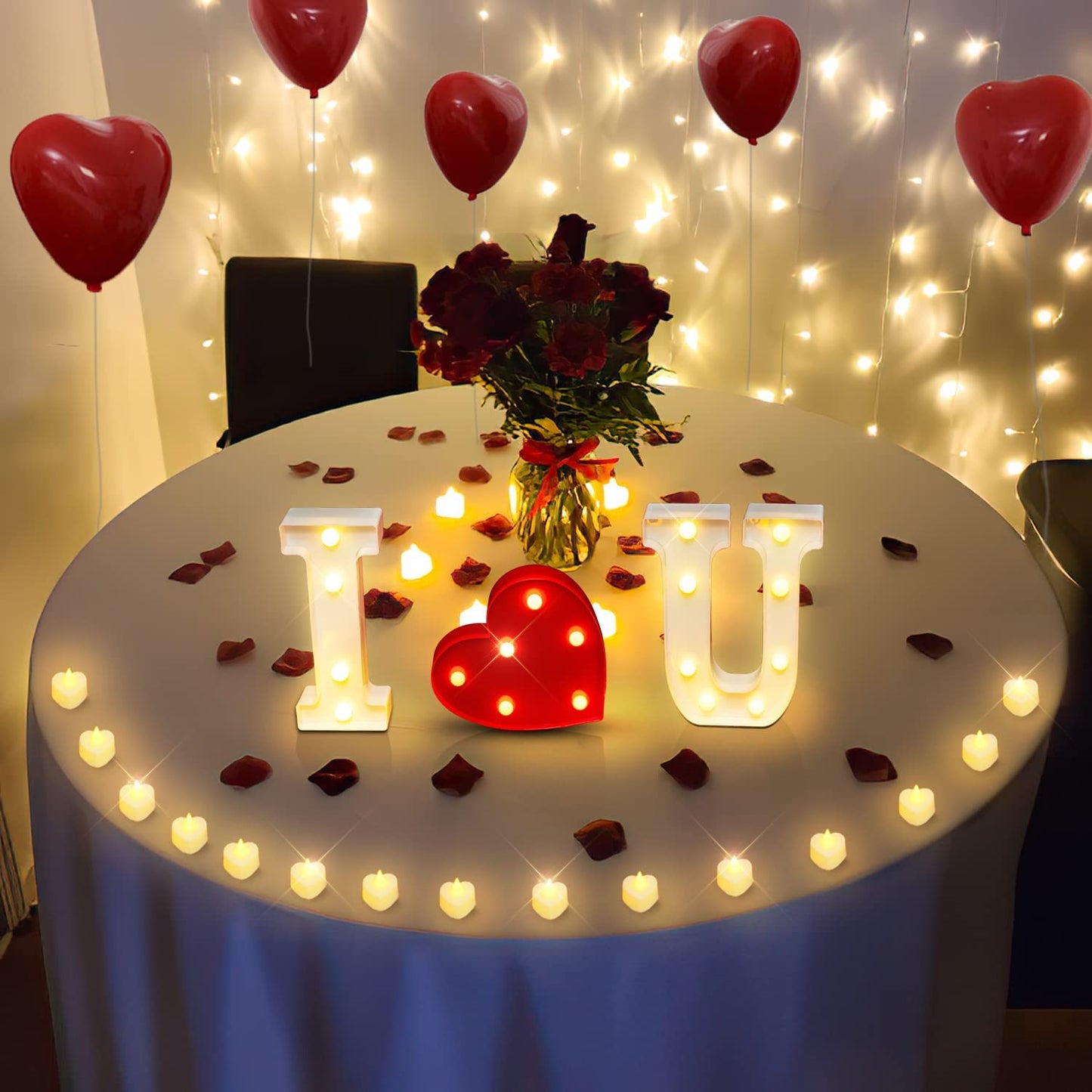 I Love U Light Up Letters Valentines Decoration w/ 24Pcs Flameless Candles 1000Pcs Red Fake Rose Petals 30Pcs Red Balloons