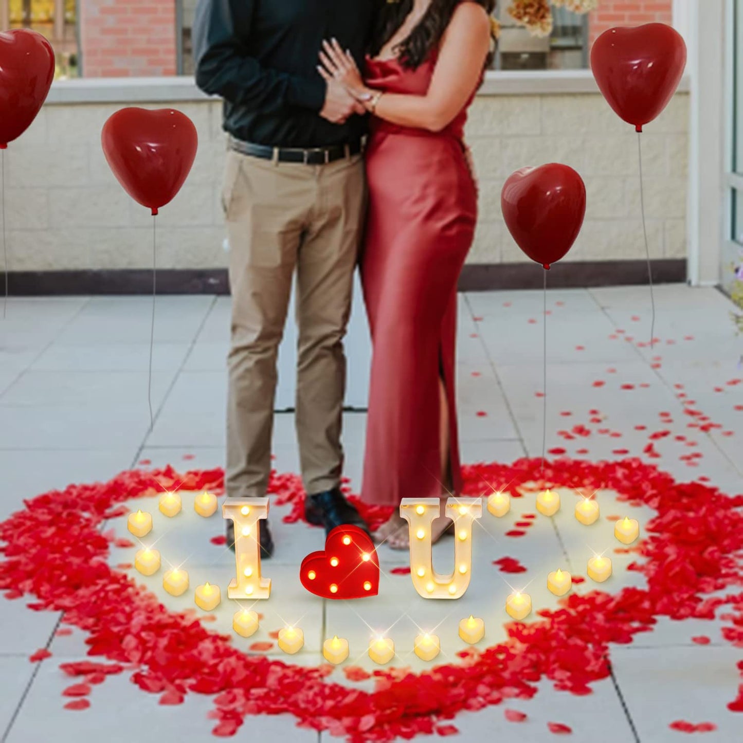 I Love U Light Up Letters Valentines Decoration w/ 24Pcs Flameless Candles 1000Pcs Red Fake Rose Petals 30Pcs Red Balloons