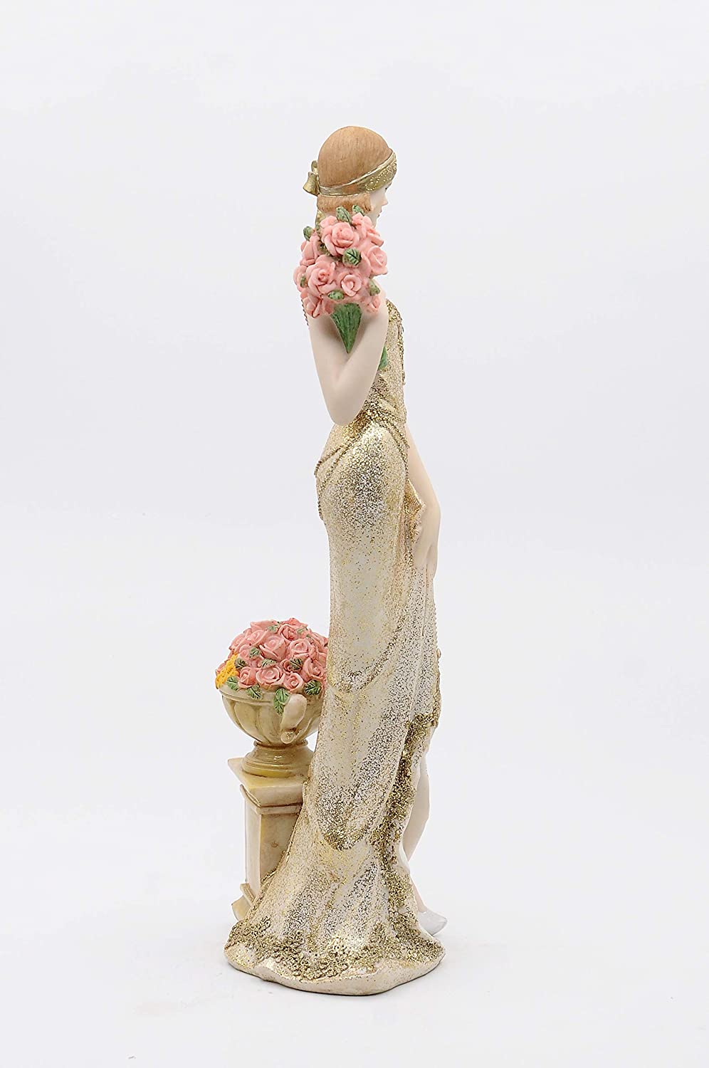 Elegant Slim Lady Holding A Bunch of Flowers Collectible Figurine, 13-inch Height, Gold