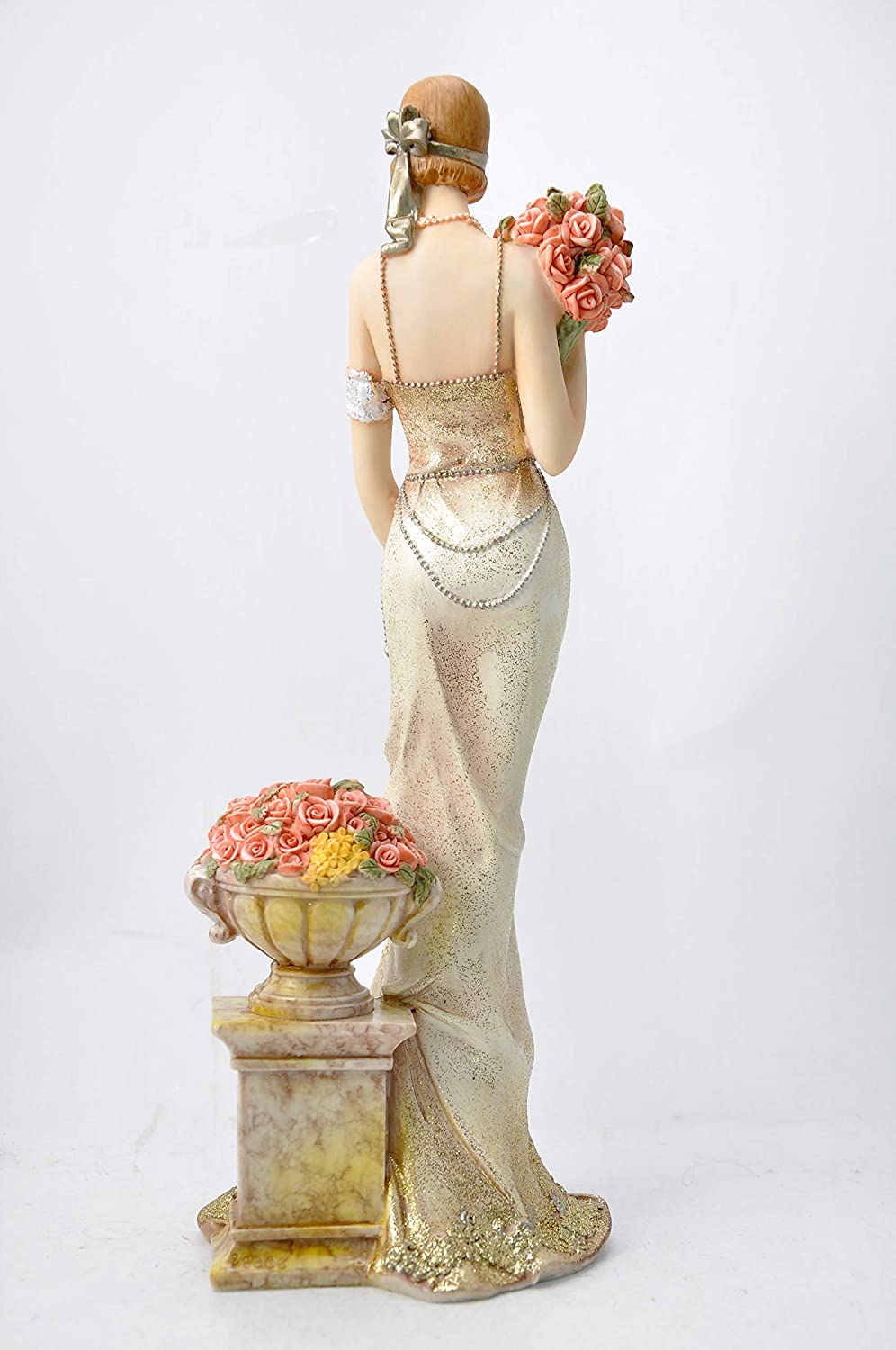 Elegant Slim Lady Holding A Bunch of Flowers Collectible Figurine, 13-inch Height, Gold