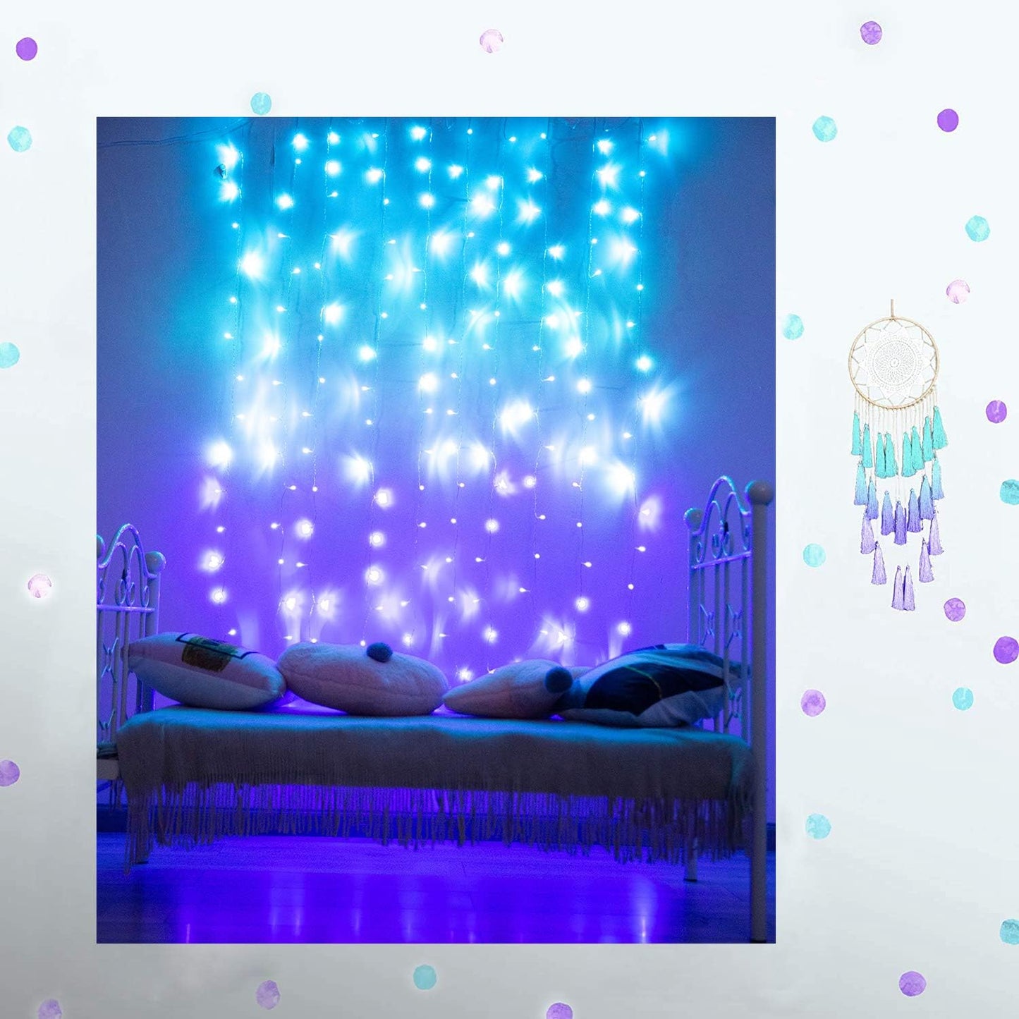 Curtain Lights for Bedroom Wall Light Up Curtains Led String Lights Turquoise Teal Blue Lavender Lilac Purple Twinkle Hanging Fairy Lights Unicorn Mermaid Kawaii Sanrio Teen Room Decor for Girls