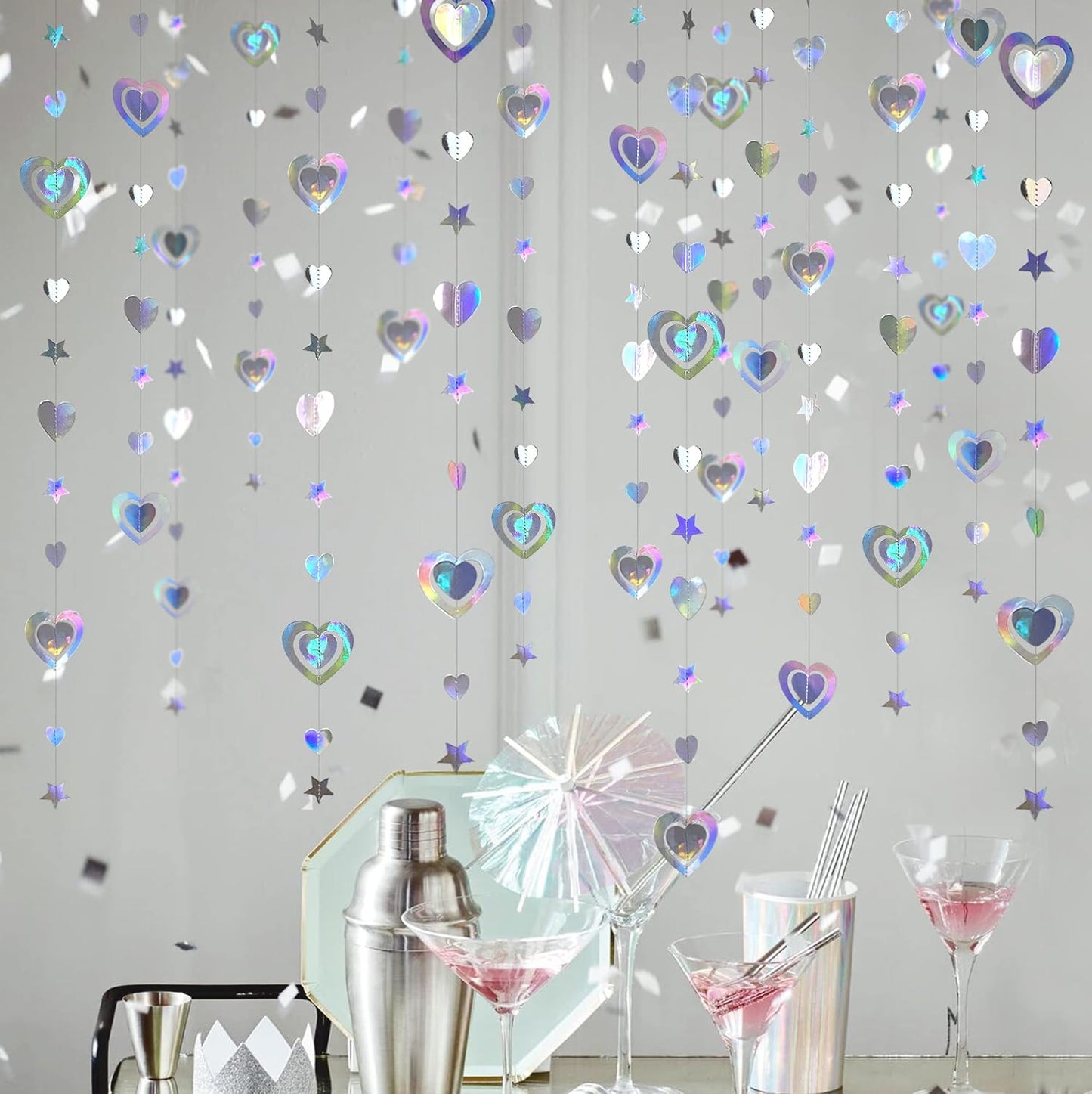 40Ft Iridescent 3D Heart Twinkle Star Garland Holographic Paper Streamer Banner for Birthday Mother's Day Anniversary Engagement Wedding Bridal Baby Shower Hen Valentines Day Party Decoration Supplies