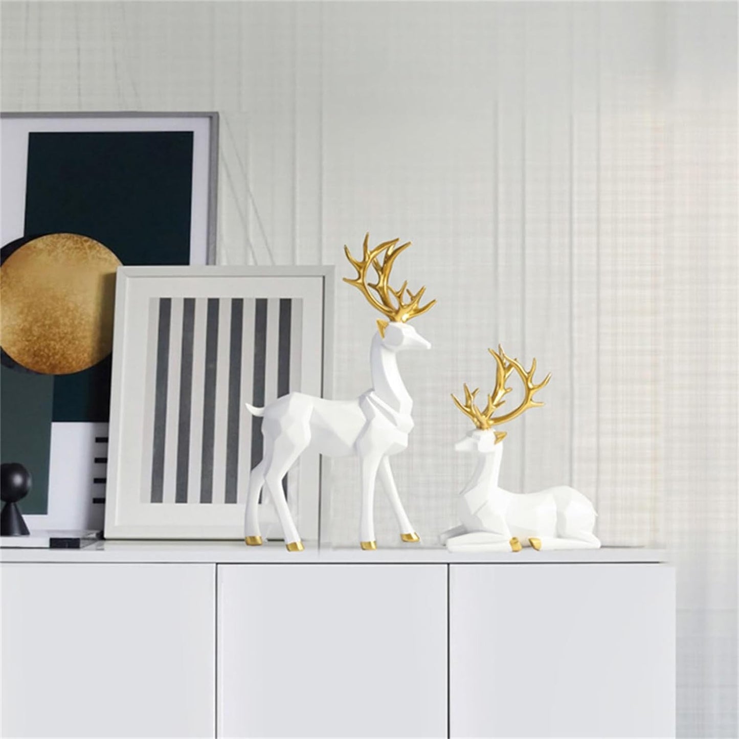 Christmas Decoration 2PCS Reindeer Resin Ornaments Mother Child Deer Couple Deer Sculpture Used for Living Room Bookshelf Bedroom Wine Cabinet Decoration to Enhance Atmosphere (3D Geometric White)