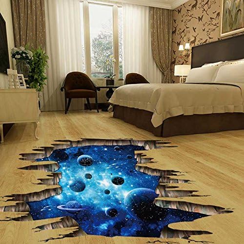 3D Space Floor Sticker,Blue Galaxy Wall Decal-Removable Mural for Kids Bedroom Living Room Milky Way Decorations