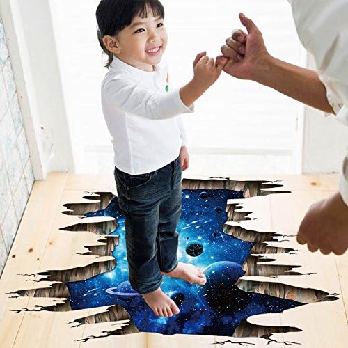 3D Space Floor Sticker,Blue Galaxy Wall Decal-Removable Mural for Kids Bedroom Living Room Milky Way Decorations