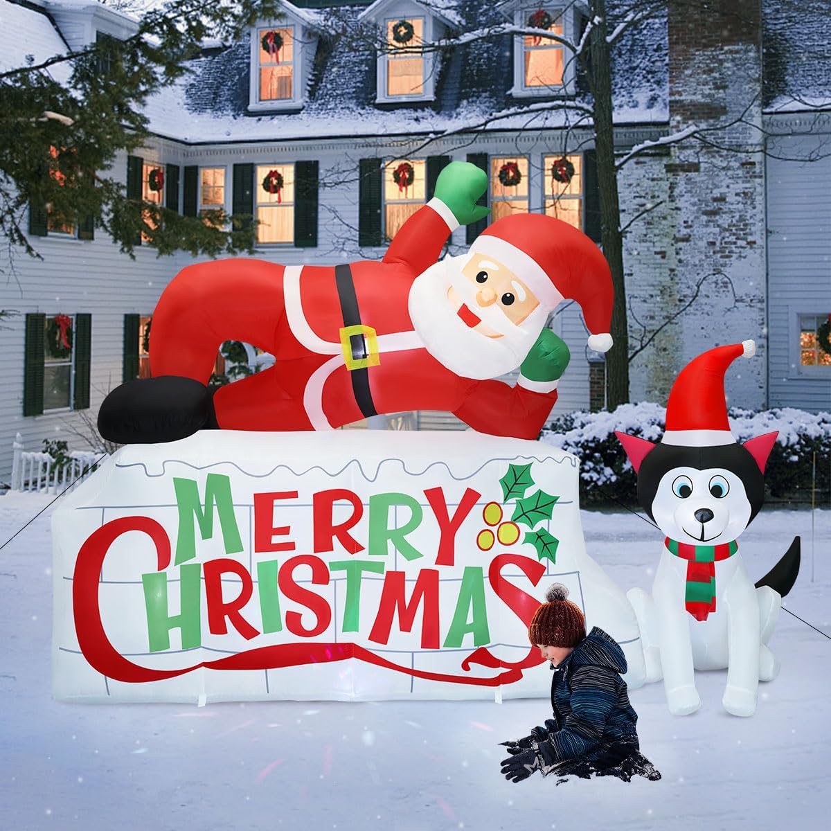 8FT Merry Christmas Inflatable Outdoor Decorations - Inflatable Christmas with Santa Claus & Dog, Christmas Blow Up Yard Decorations with LED Light, Christmas Inflatables for Outside Garden