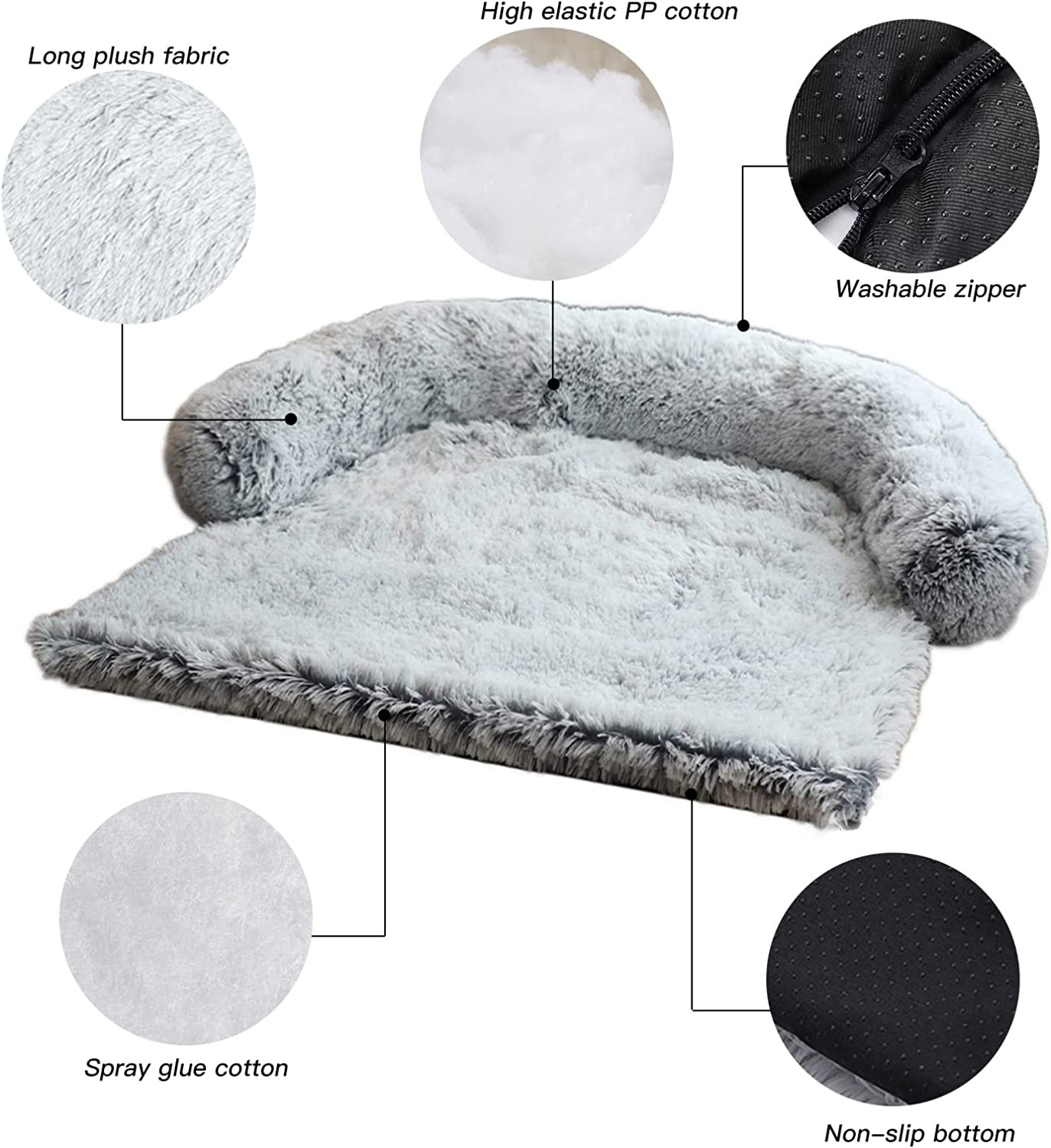 Large Calming Dog Bed Fluffy Plush Dog Mat w/ Removable Washable Cover Light Grey