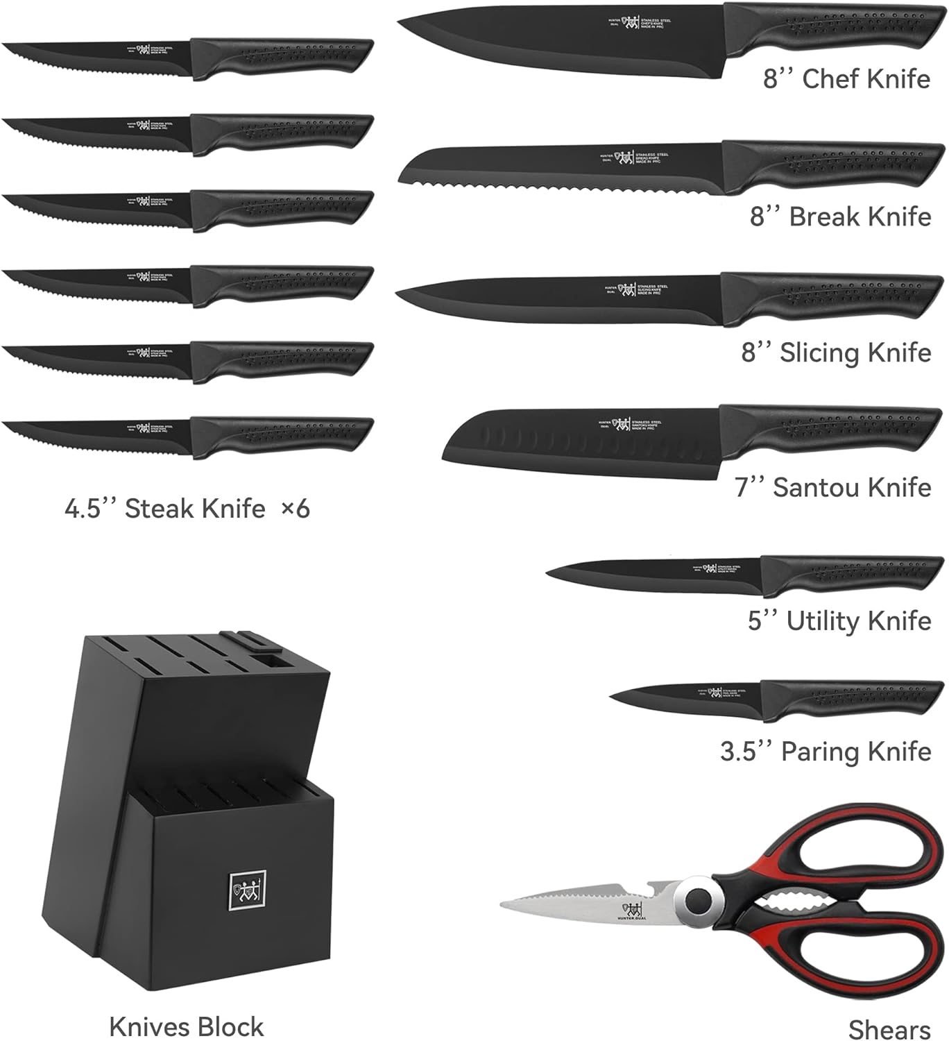 knife set, 15 Pcs Black knife sets for kitchen with block Self Sharpening, Dishwasher Safe, 6 Steak Knives, Anti-slip handle
