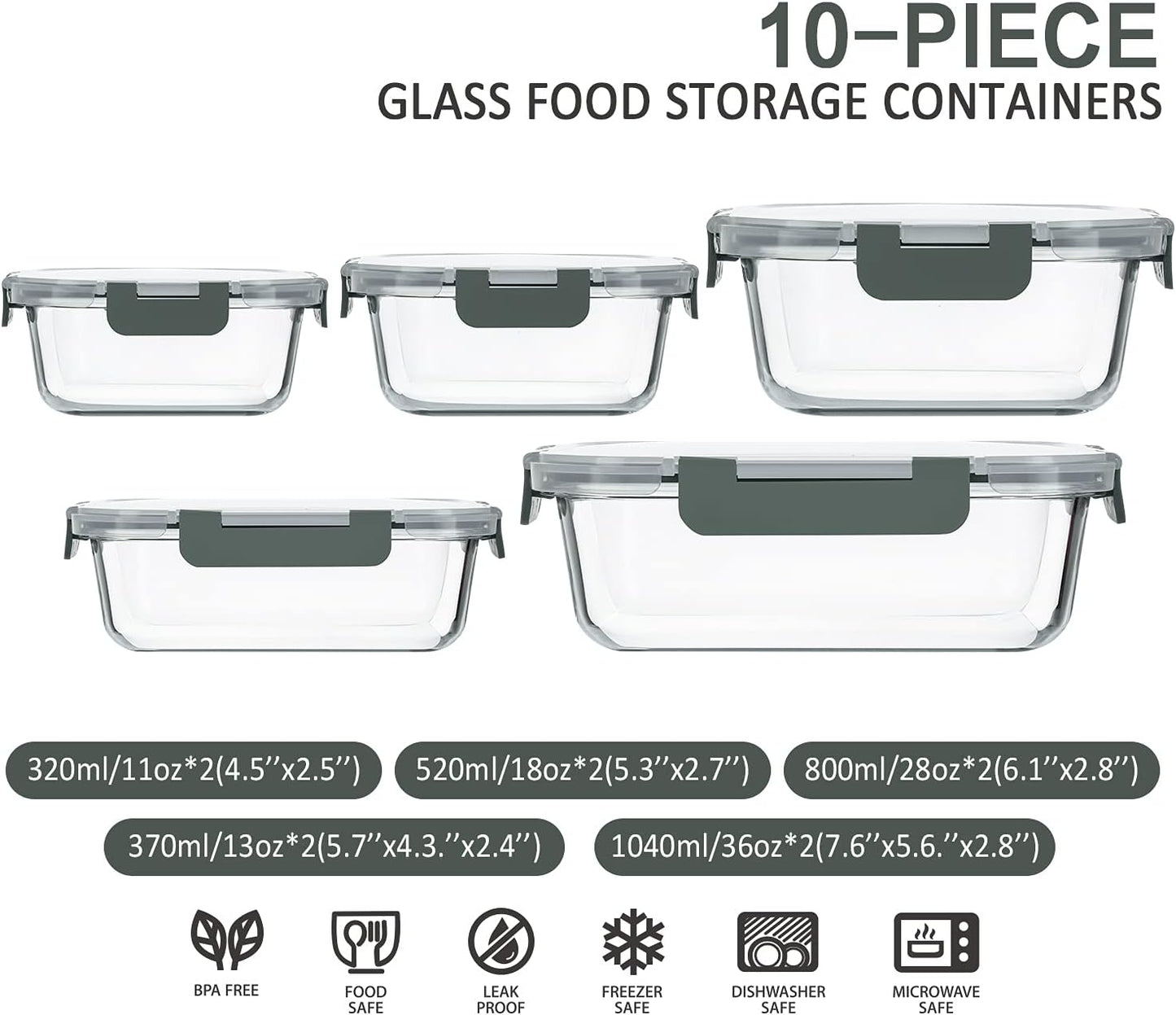 10-Pack Glass Food Storage Container with Lids, Airtight Glass Lunch Bento Boxes, Leak Proof Glass Meal Prep Container,Microwave, Oven, Freezer and Dishwasher Friendly