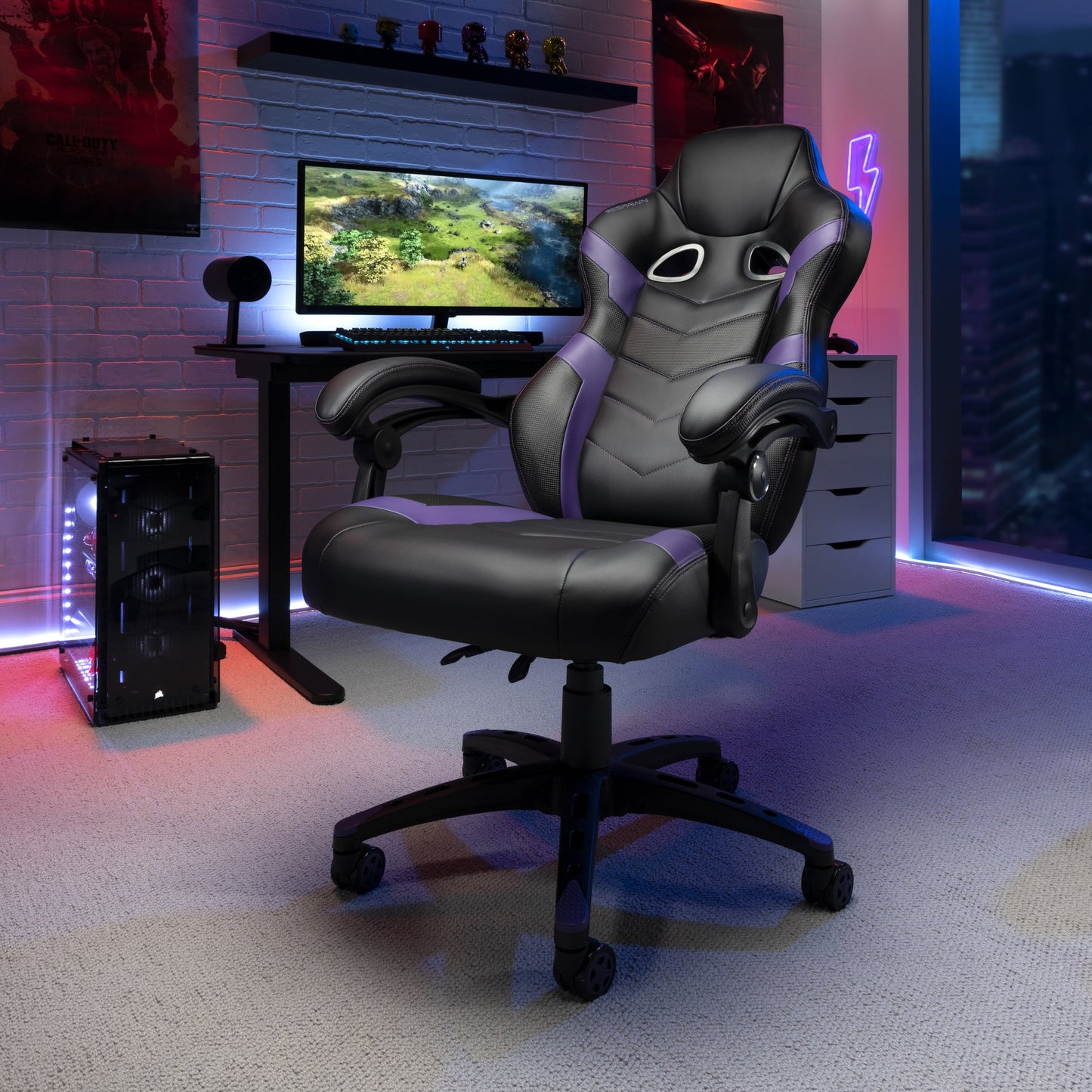 Bonded Leather Racing Style Gaming Chair, Reclining Chair, Purple