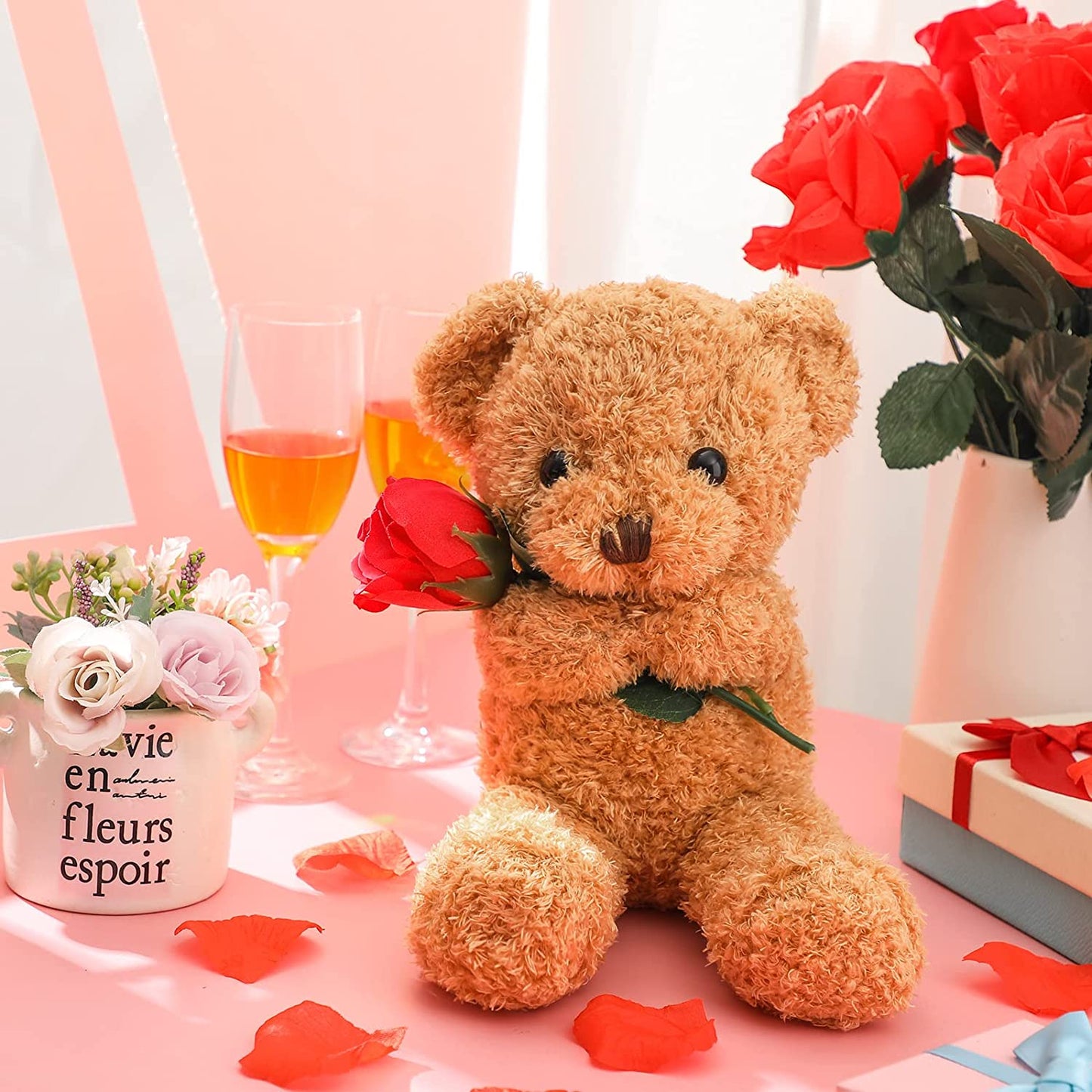 Plush Stuffed Animal Bear with Rose Valentines Day Gift 11.8 Inches (Beige)