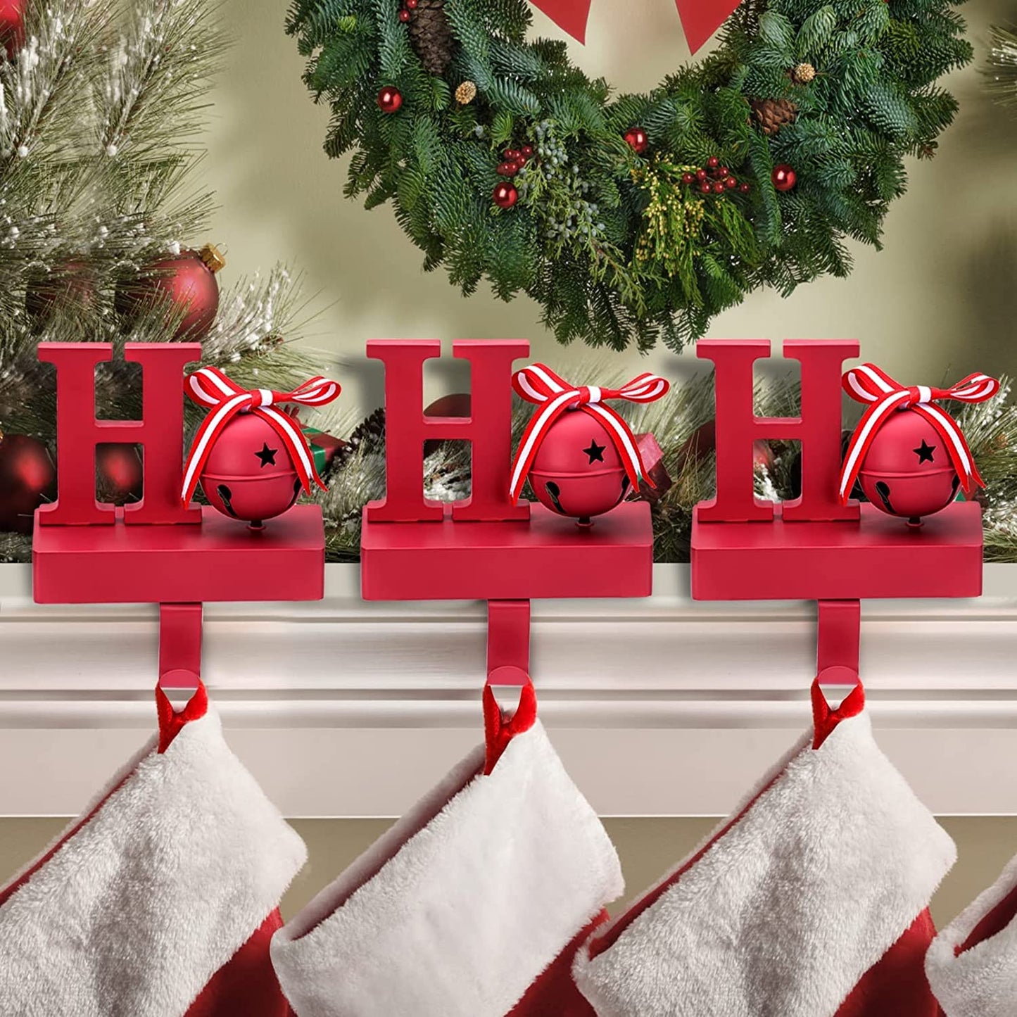 Set Of 3 Red HOHOHO Christmas Stocking Holder