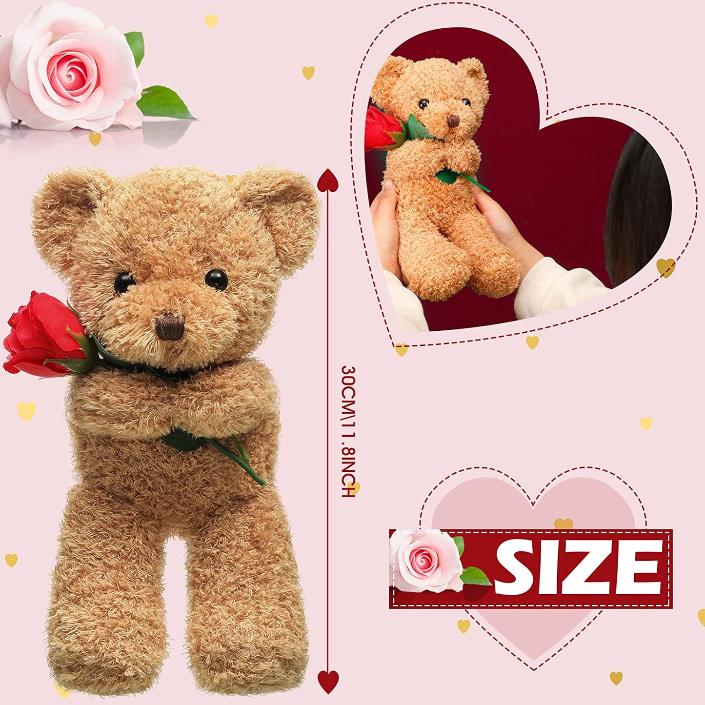 Plush Stuffed Animal Bear with Rose Valentines Day Gift 11.8 Inches (Beige)