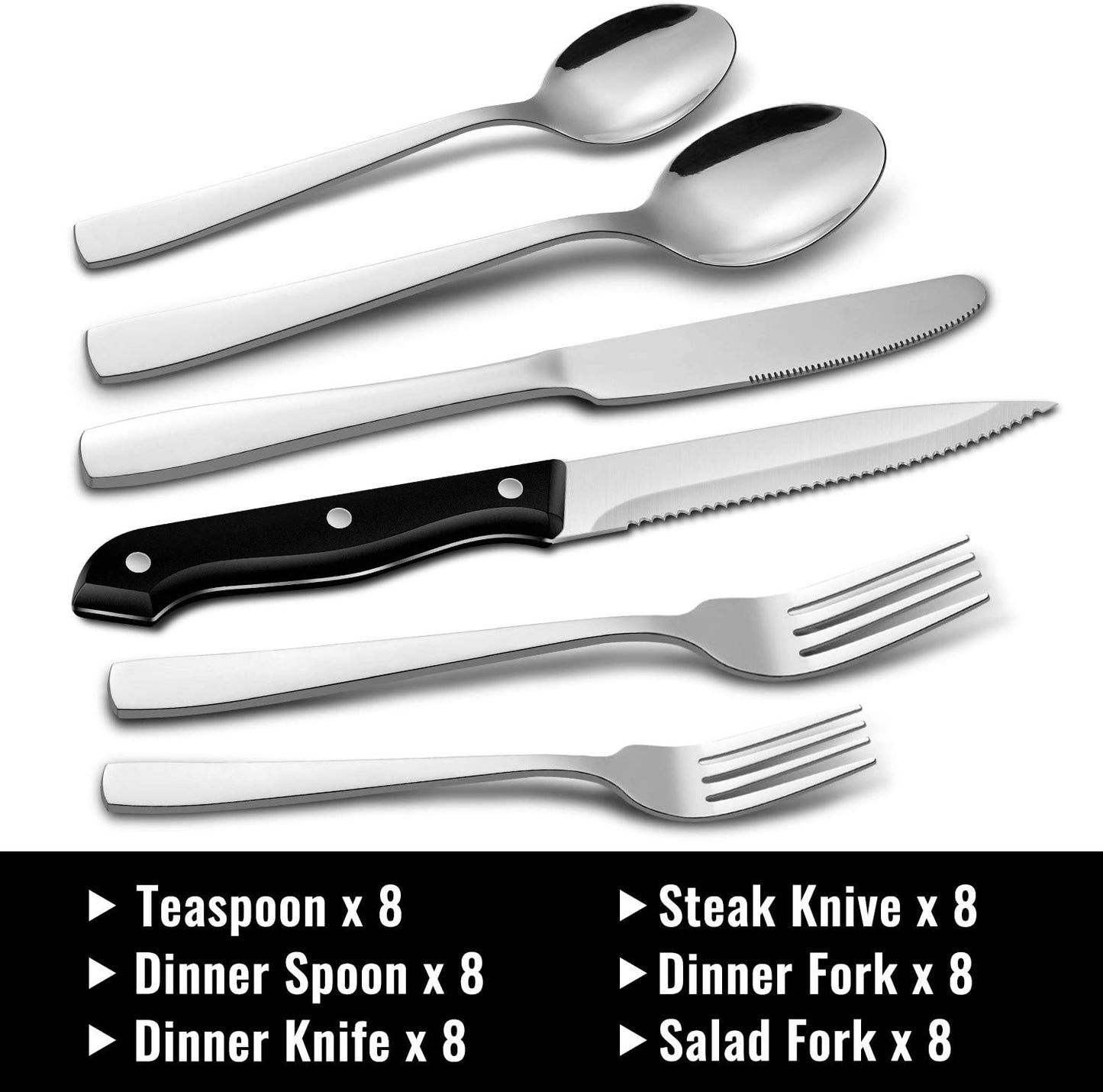 48-Piece Silverware Set with Steak Knives for 8, Stainless Steel Flatware Cutlery Set For Home Kitchen Restaurant Hotel, Kitchen Utensils Set, Mirror Polished, Dishwasher Safe