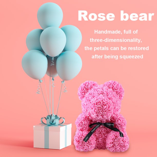 Pink Foam Rose Flower Teddy Bear Artificial Decoration Valentines Gift