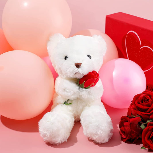 Plush Stuffed Animal Bear with Rose Valentines Day Gifts 11.8 Inches (White)