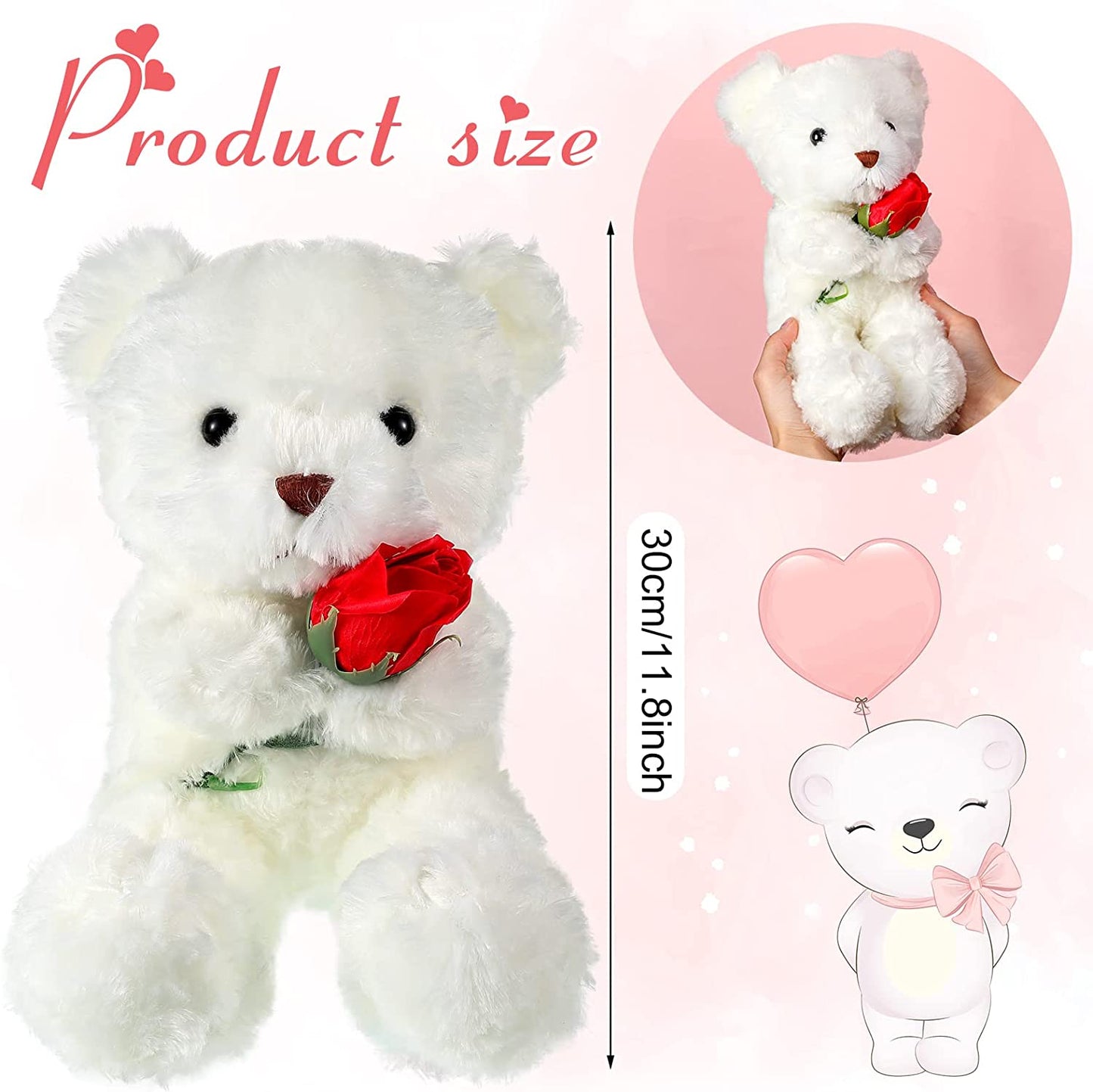 Plush Stuffed Animal Bear with Rose Valentines Day Gifts 11.8 Inches (White)