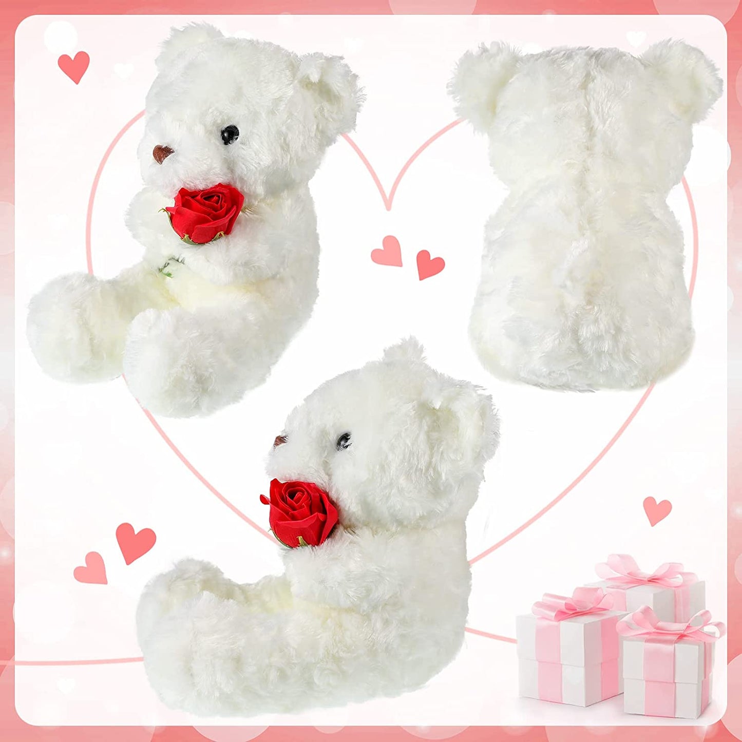 Plush Stuffed Animal Bear with Rose Valentines Day Gifts 11.8 Inches (White)