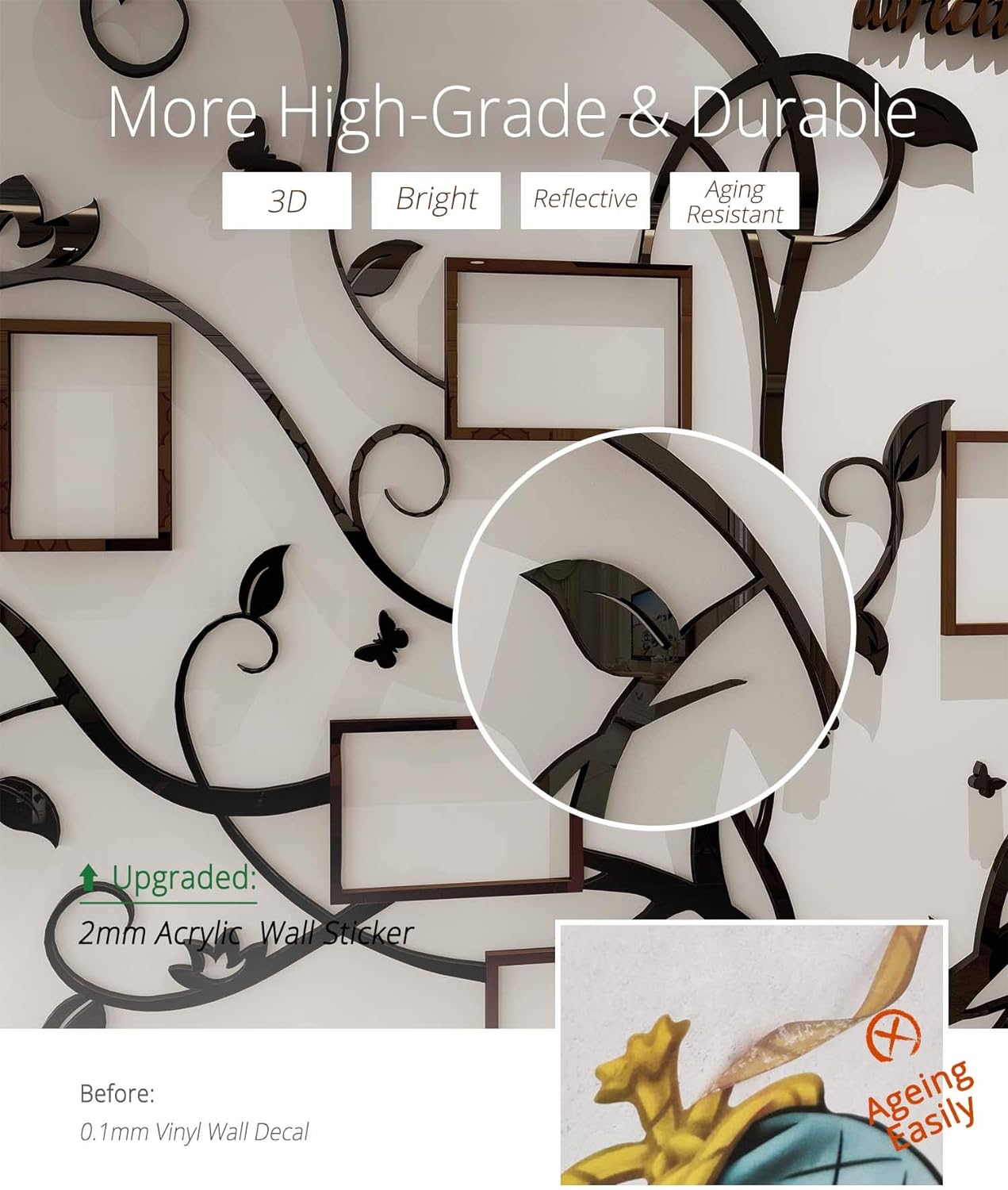 Antlers Family Tree Wall Decor for Living Room, 3D Removable Picture Frame Collage DIY Acrylic Stickers with Deer Head and Quote Family Like Branches on a Tree