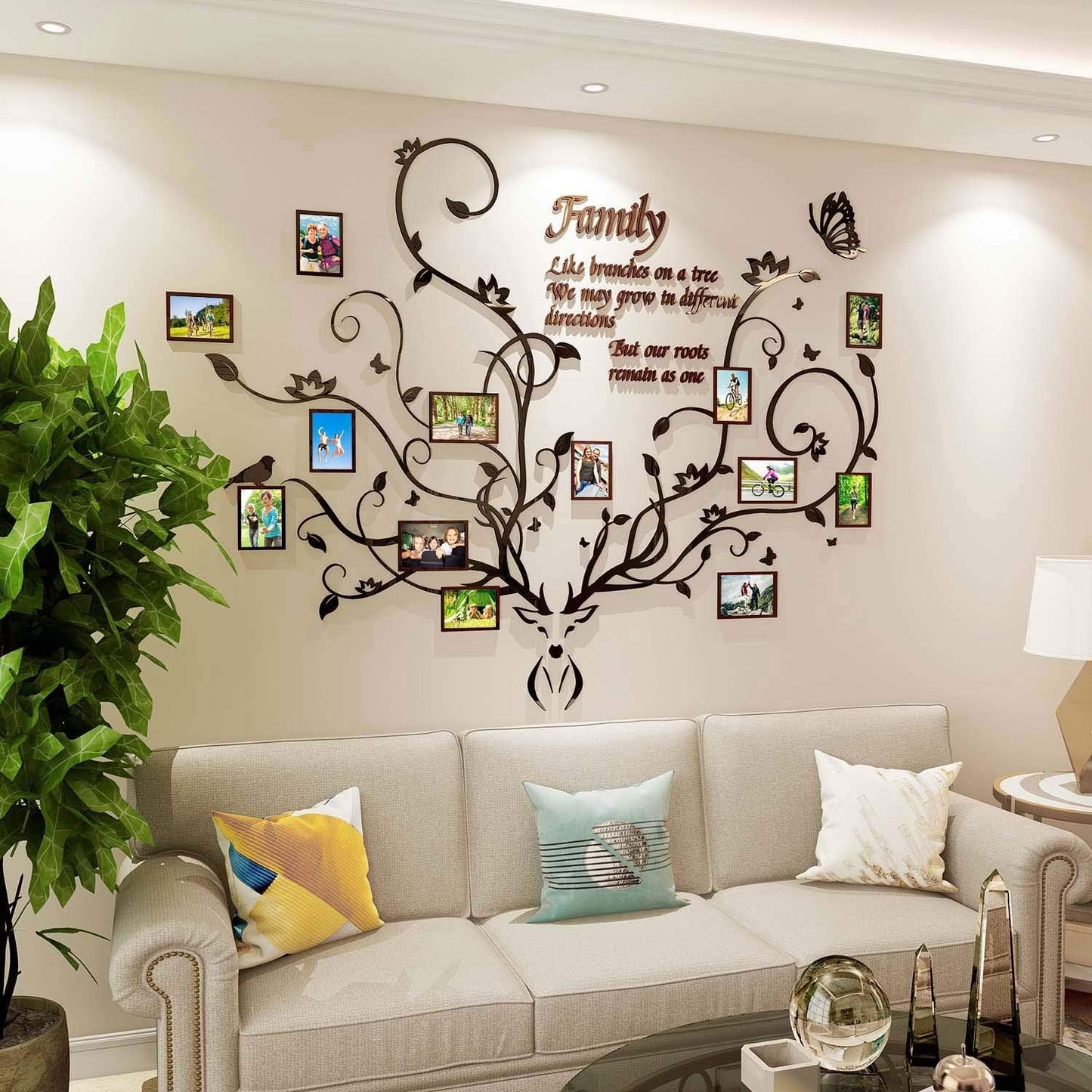 Antlers Family Tree Wall Decor for Living Room, 3D Removable Picture Frame Collage DIY Acrylic Stickers with Deer Head and Quote Family Like Branches on a Tree