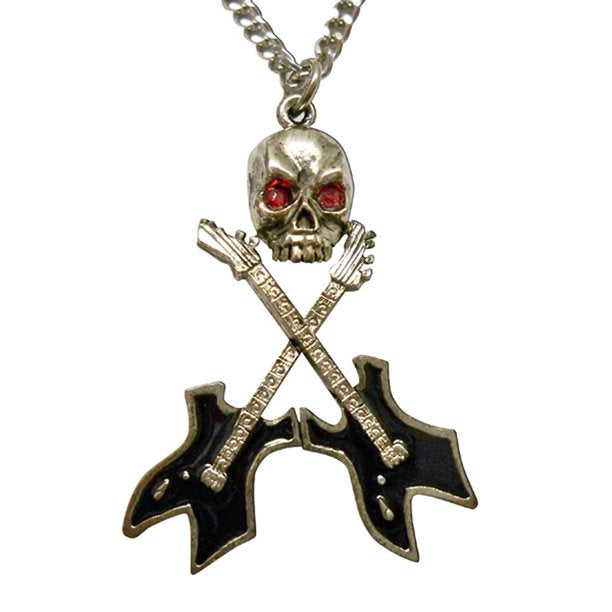 Musician's Skull with Crossed Guitars Black Enamel Pewter Necklace for Men/Women