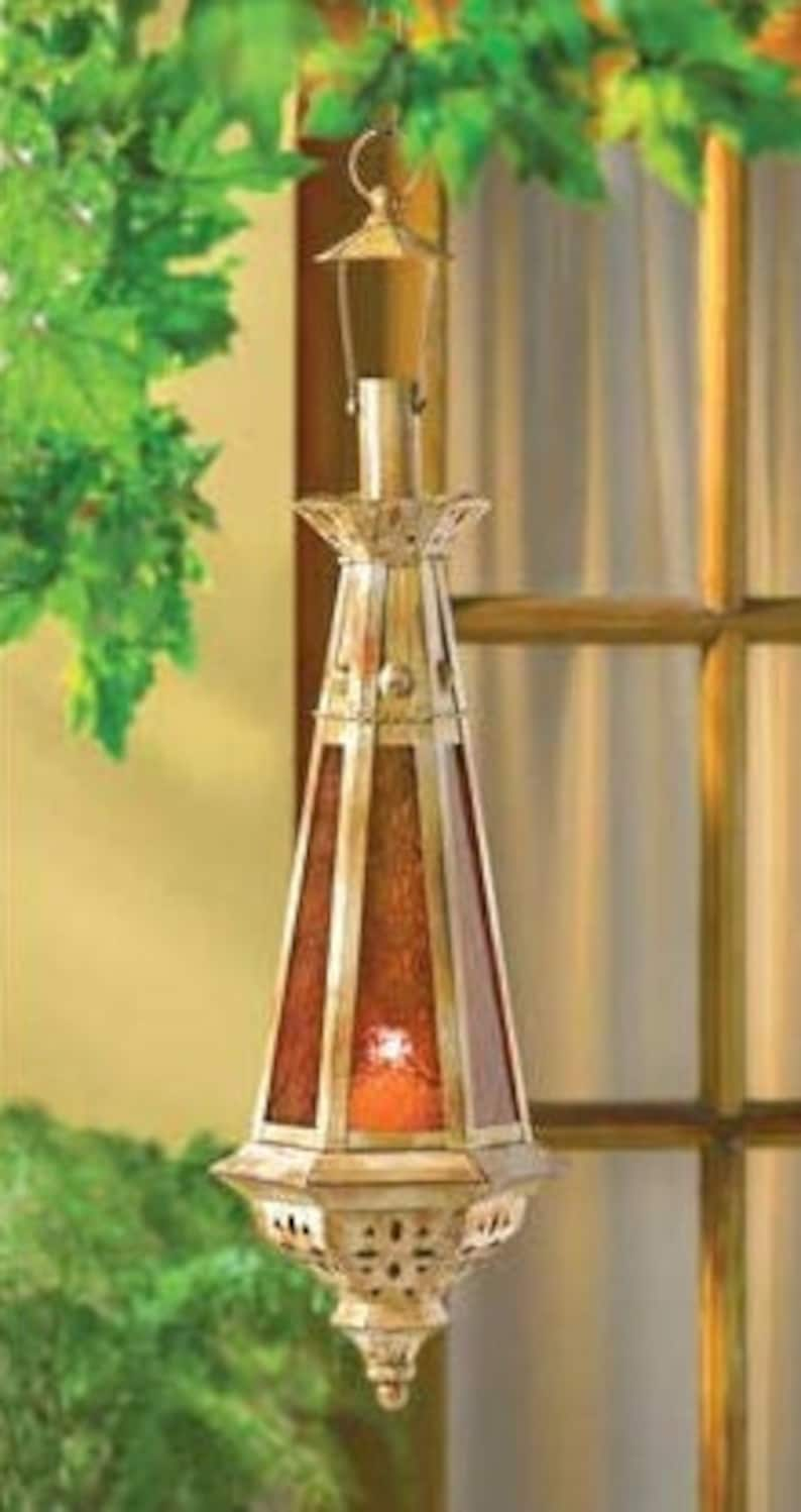 23" Decorative Amber Teardrop Candle Lantern, Moroccan Style Hanging Candle Lamp