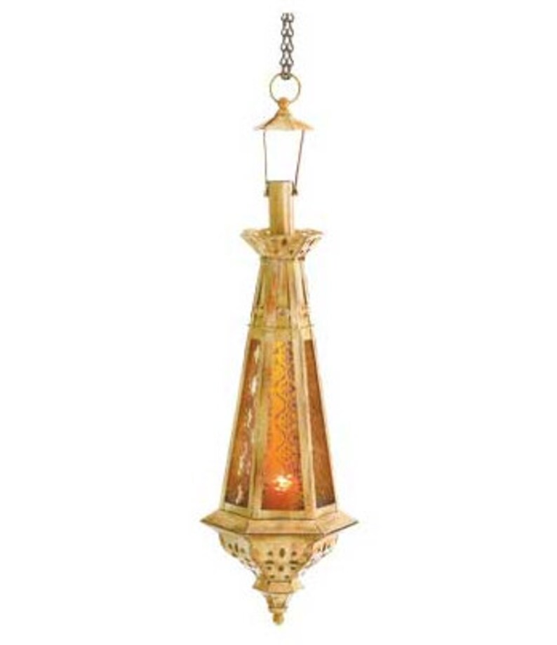 23" Decorative Amber Teardrop Candle Lantern, Moroccan Style Hanging Candle Lamp