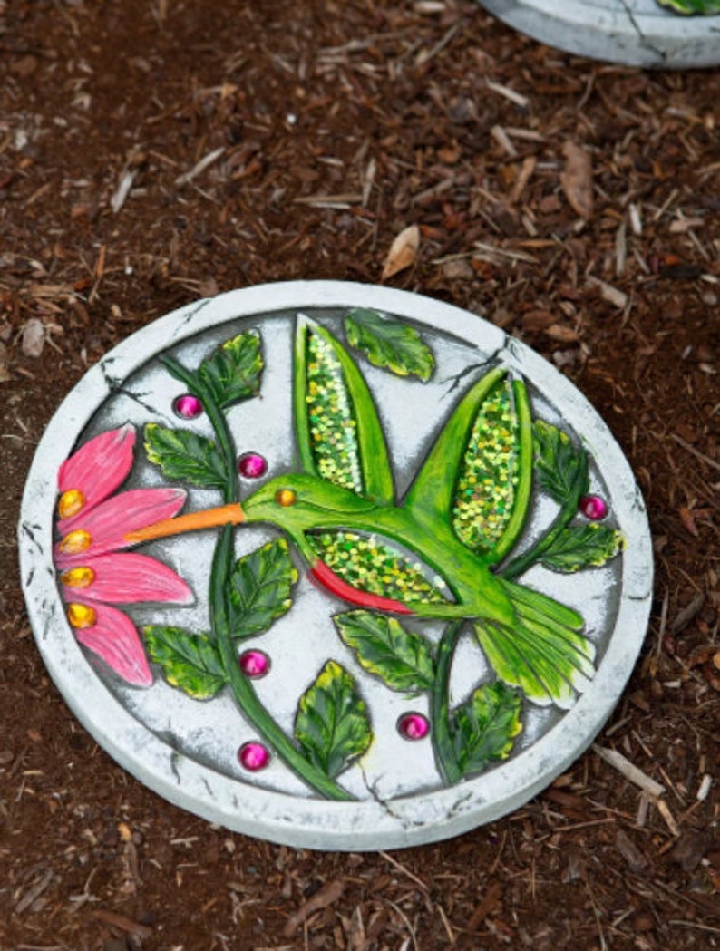 Whimsical Green Hummingbird Garden Stone With Glitter Accent