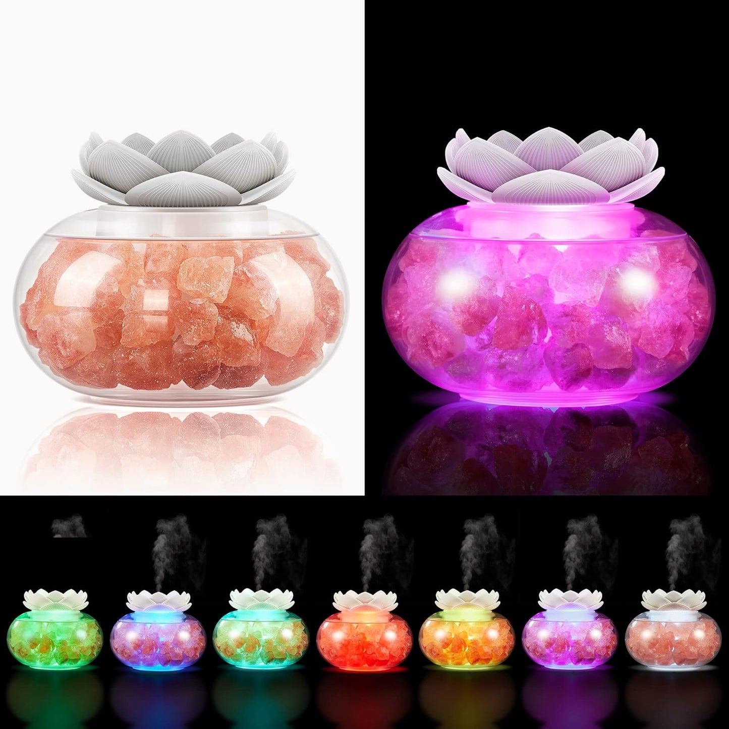 Essential Oil Diffusers Aromatherapy Diffuser: Vyaime Salt Lamp Diffuser for Home Bedroom Office, Pink Crystal Himalayan Cute Lotus Auto Shut-Off 7 Colors LED Night Light - White