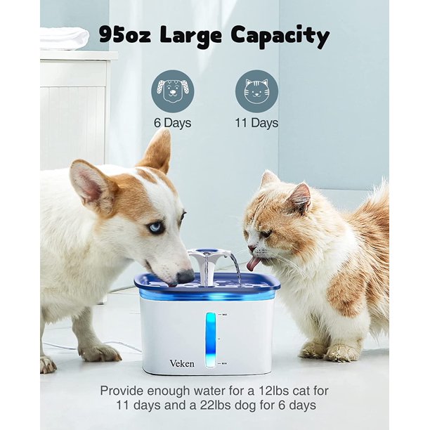 95oz/2.8L Pet Fountain, Cat Dog Water Fountain Dispenser with Smart Pump, Blue