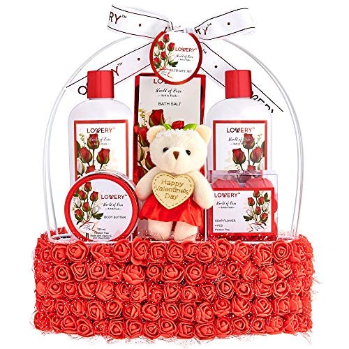 Valentines Day Gifts for Her, Spa Gift Basket for Women, Red Rose Bath and Body in Floral Handmade Basket - Bubble Bath, Body Butter, Salts, Shower Gel, Flower Soaps, Teddy Bear for Mom