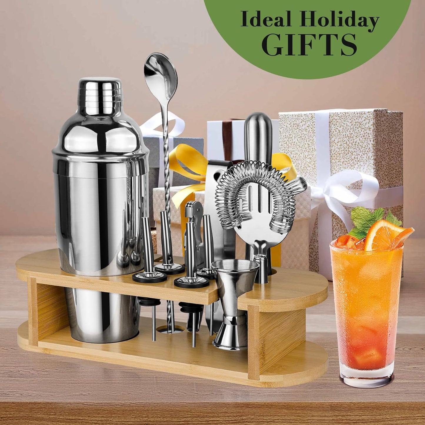 Cocktail Shaker Set Bartender Kit with Stand, 12-Piece Stainless Steel Bar Tools Set with All Essential Bar Accessories, Home Essentials Drink Mixer Set with Martini Shaker Jigger Muddler Strainer