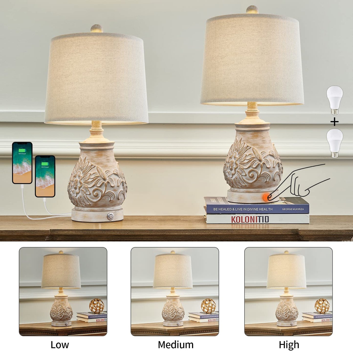 3 Way Dimmable Touch Table Lamps Rustic Carved Floral Lamps w/ 2 USB Ports Bulb Included