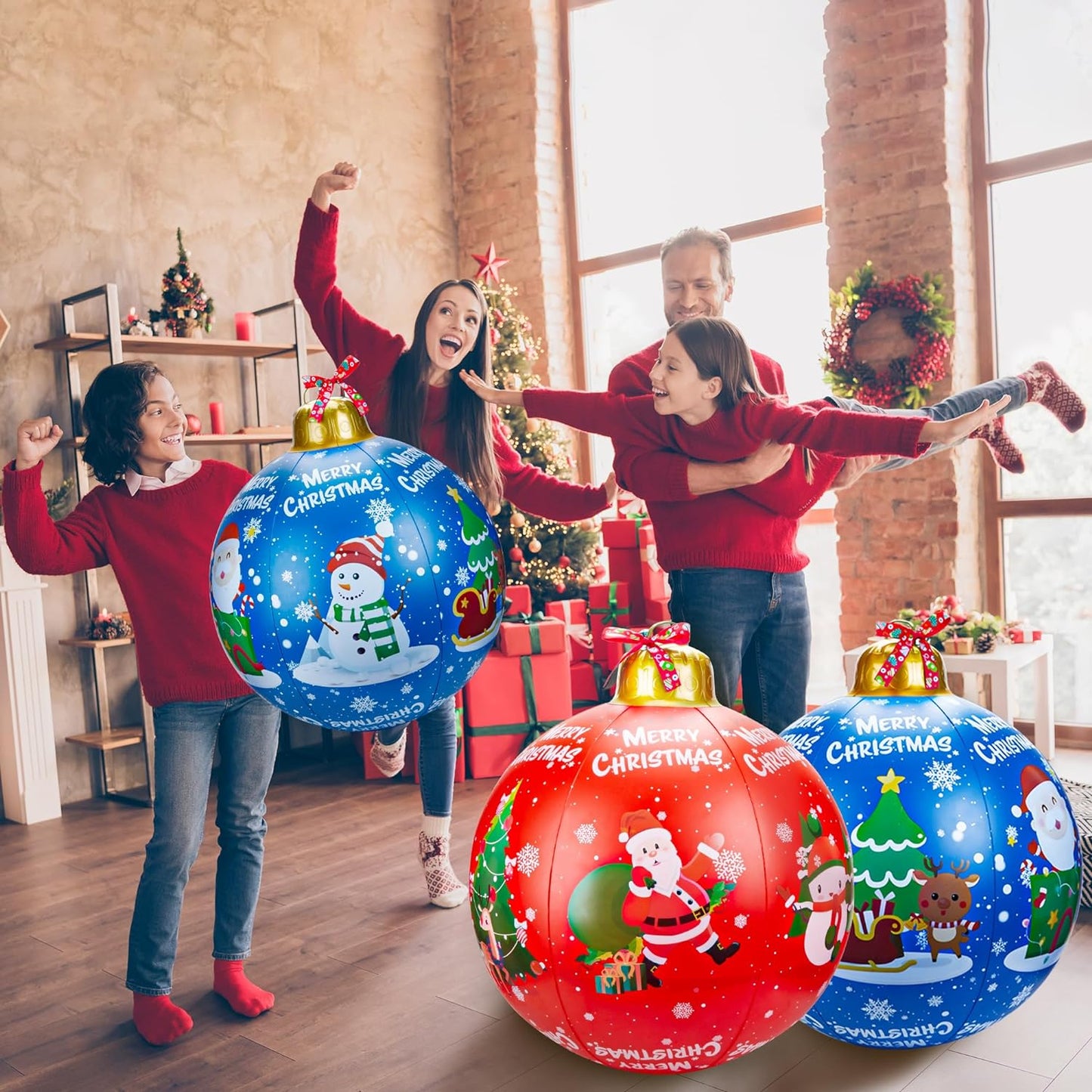 Inflatable Christmas Balls with 2 Christmas Ribbon, 24'' Giant Christmas Inflatable Decorations Ornaments Ball, Christmas Decorations Ball for Outside Indoor Holiday Yard Lawn Decor, Red&Blue