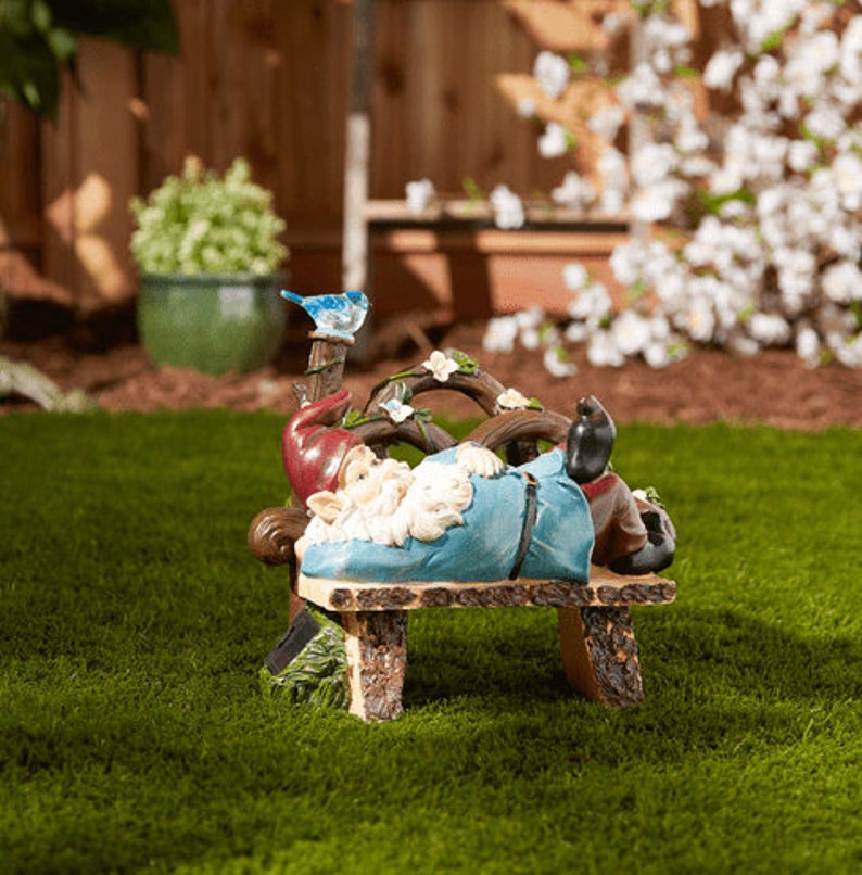 Gnome Relaxing In The Bench With Blue Bird Solar Light Garden Decoration