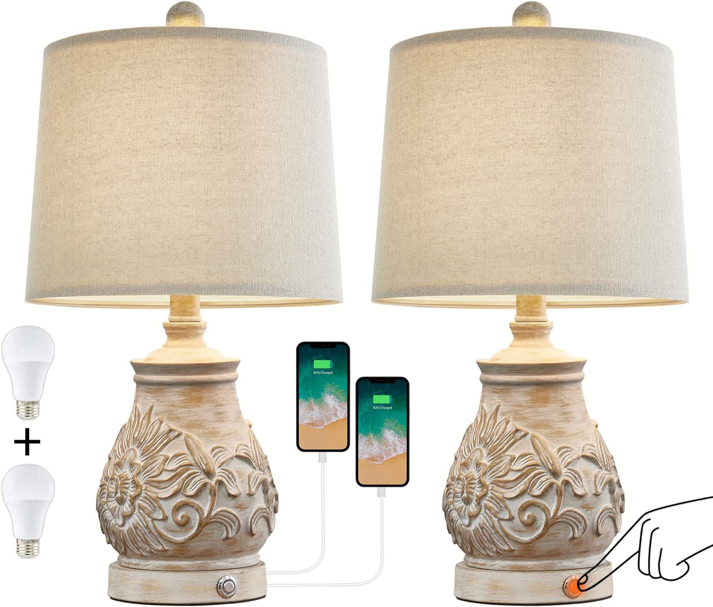 3 Way Dimmable Touch Table Lamps Rustic Carved Floral Lamps w/ 2 USB Ports Bulb Included