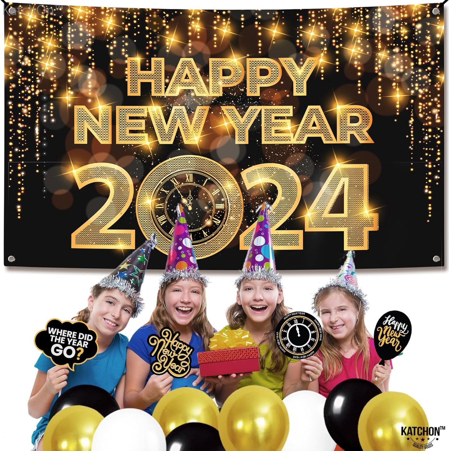 XtraLarge Happy New Year Banner 2024 - New Year Backdrop, 72x44 Inch | Happy New Year Decorations 2024 | New Years 2024 banner for New Years Eve Party Supplies 2024 | NYE Decorations 2024