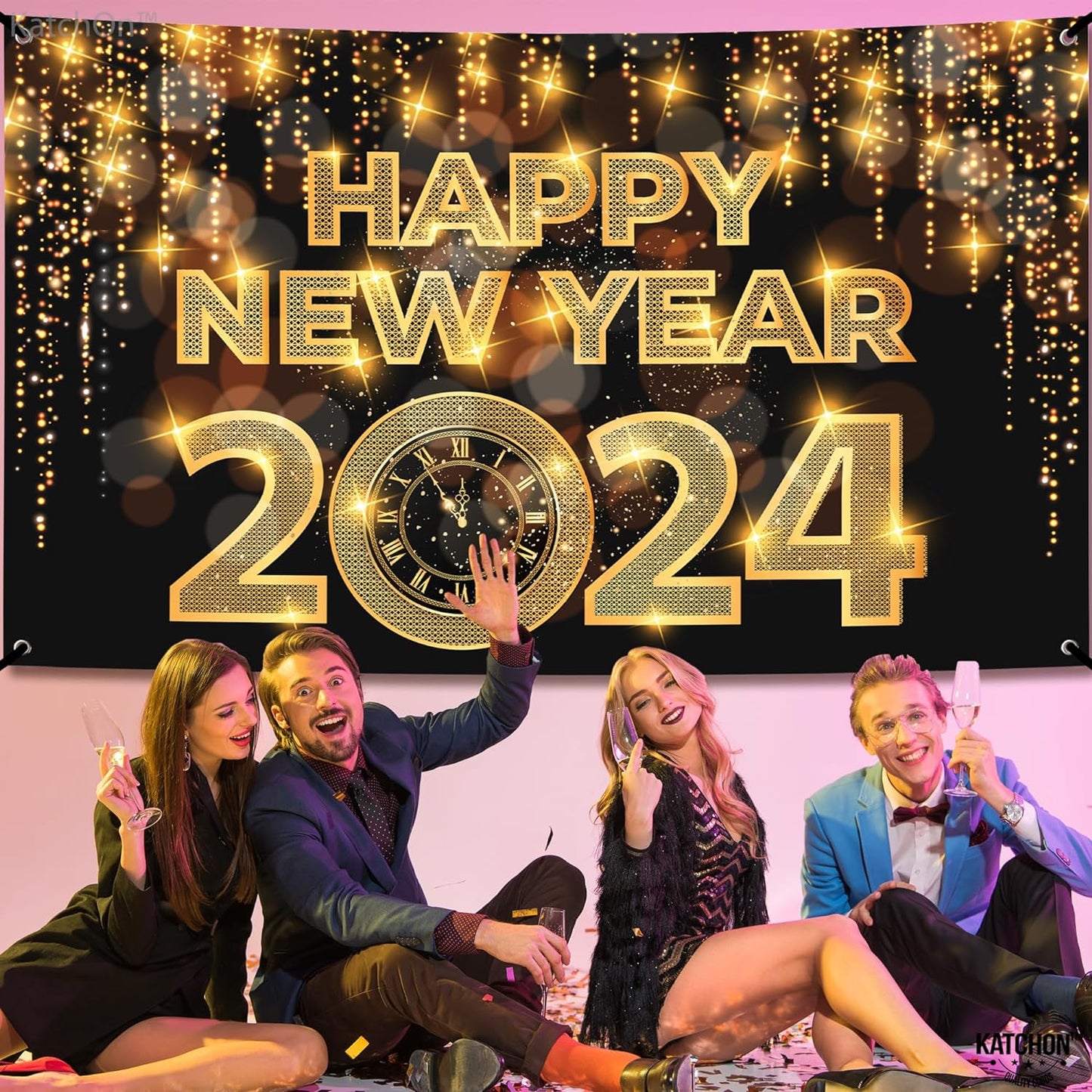 XtraLarge Happy New Year Banner 2024 - New Year Backdrop, 72x44 Inch | Happy New Year Decorations 2024 | New Years 2024 banner for New Years Eve Party Supplies 2024 | NYE Decorations 2024