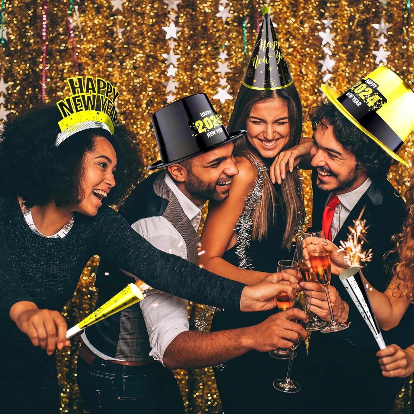 48PCS New Years Eve Party Supplies 2024, Serve 24 People Happy New Year Top Hats Cone Hats Headband Tiara Noise Makers Blowers Horns, NYE Decorations 2024 Party Favors Black Gold Silver Party Kit