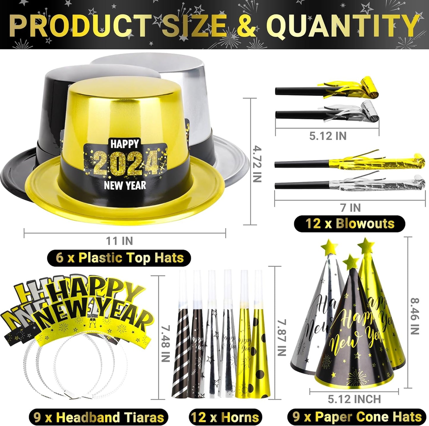 48PCS New Years Eve Party Supplies 2024, Serve 24 People Happy New Year Top Hats Cone Hats Headband Tiara Noise Makers Blowers Horns, NYE Decorations 2024 Party Favors Black Gold Silver Party Kit