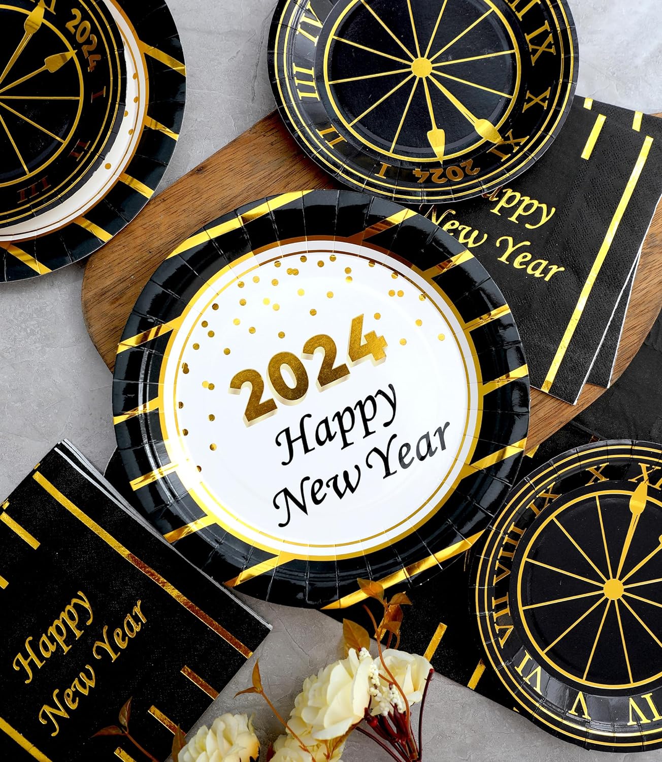 Serves 16 - Includes Happy New Year Plates and Napkins Cups Cutlery Straws for New Year Party Decorations Décor New Year Eve Party Favors Party Kit