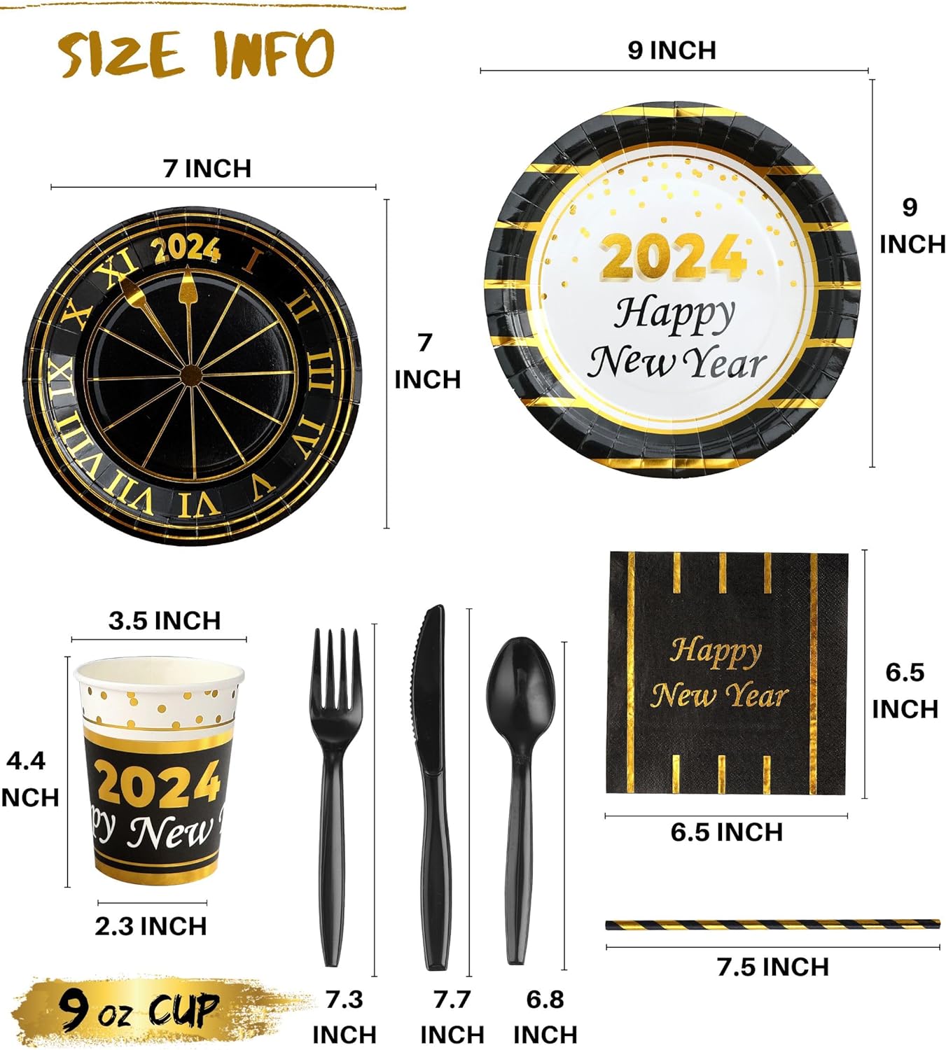 Serves 16 - Includes Happy New Year Plates and Napkins Cups Cutlery Straws for New Year Party Decorations Décor New Year Eve Party Favors Party Kit